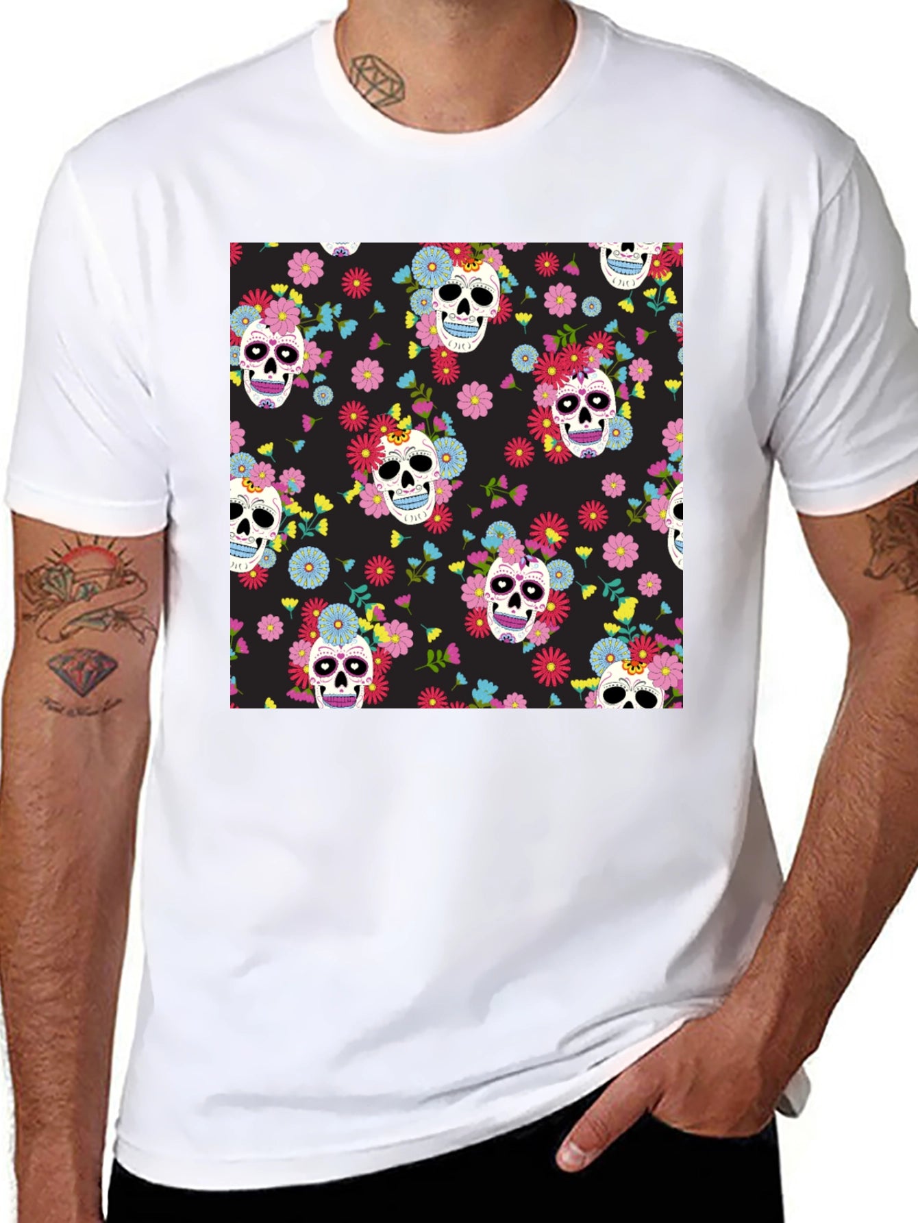 Skull & Floral Print Black T-Shirt