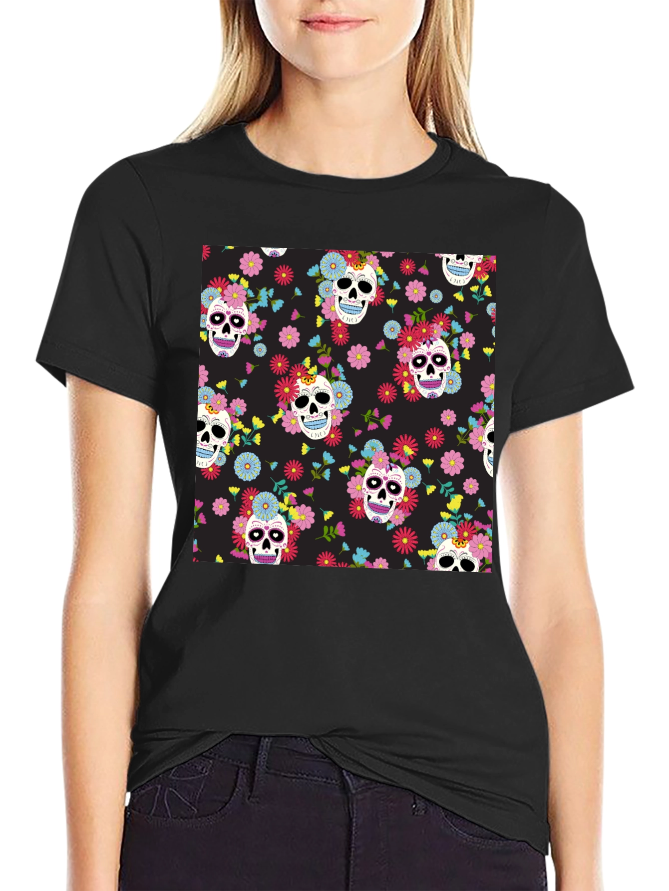 Skull & Floral Print Black T-Shirt