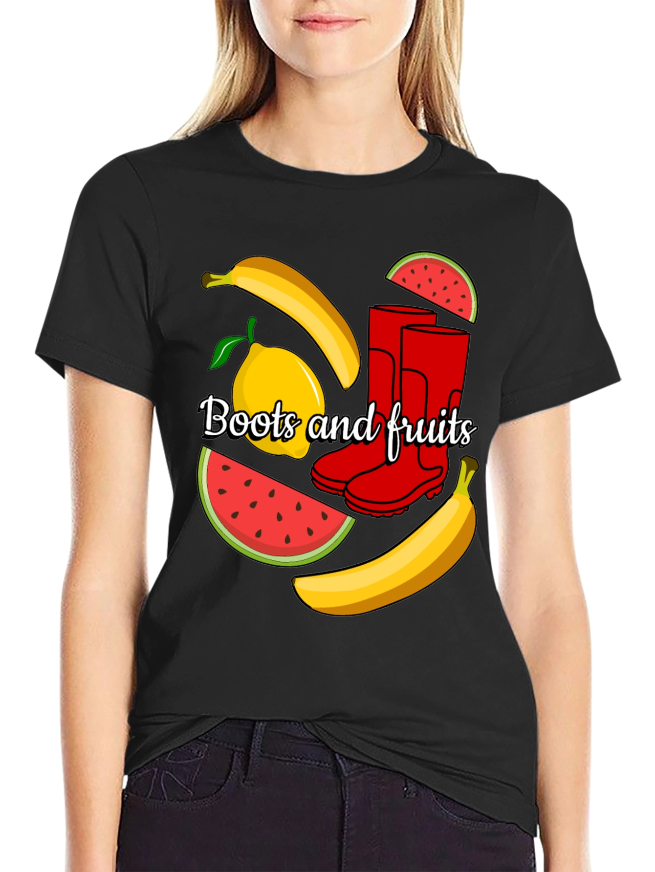 Funky Boots & Fruits Black Graphic Tee