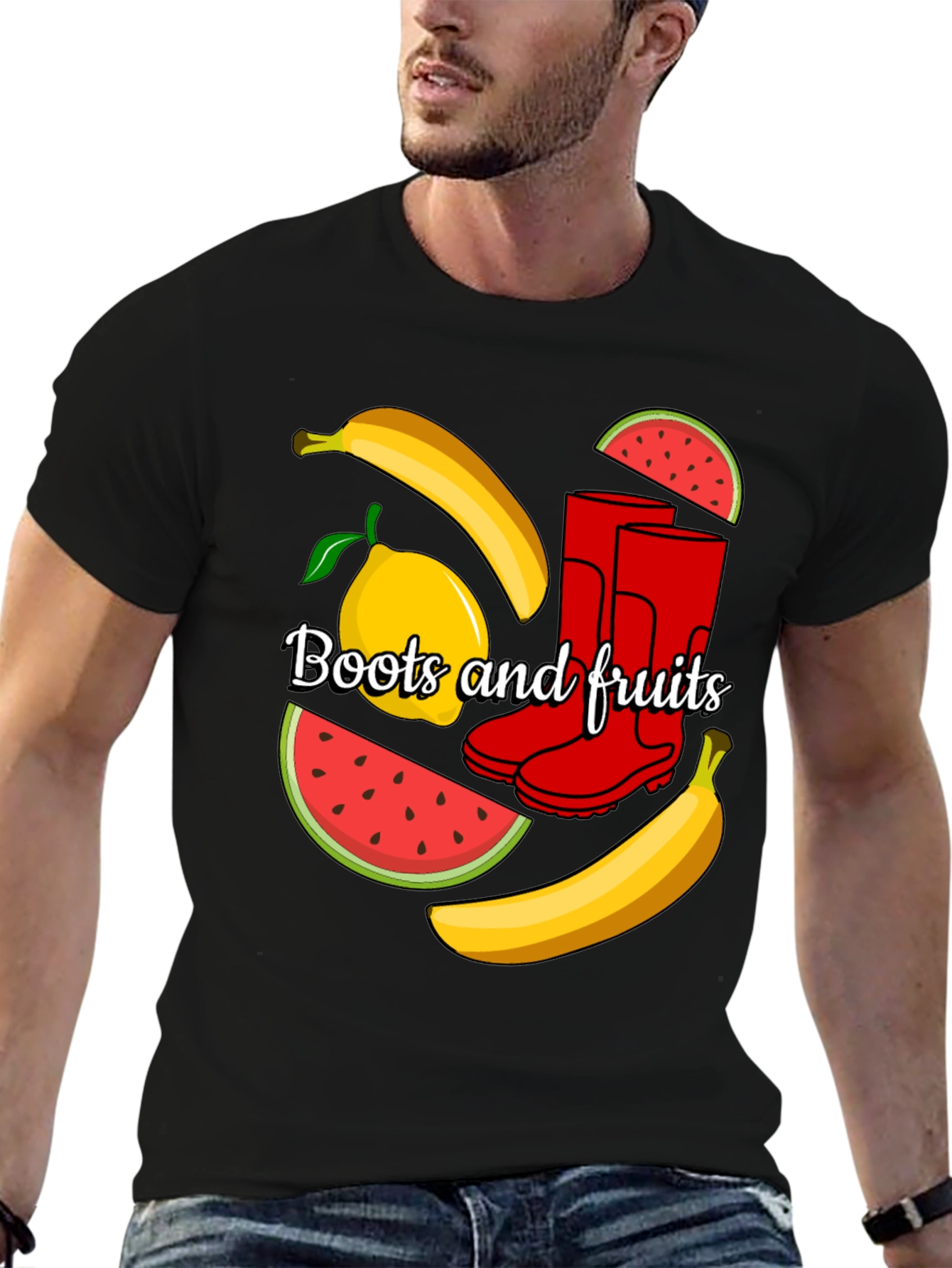 Funky Boots & Fruits Black Graphic Tee