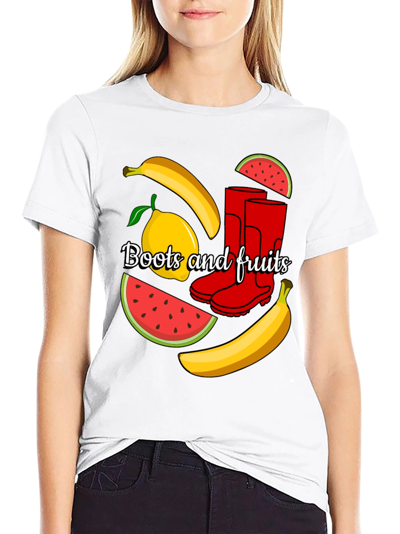 Funky Boots & Fruits Black Graphic Tee
