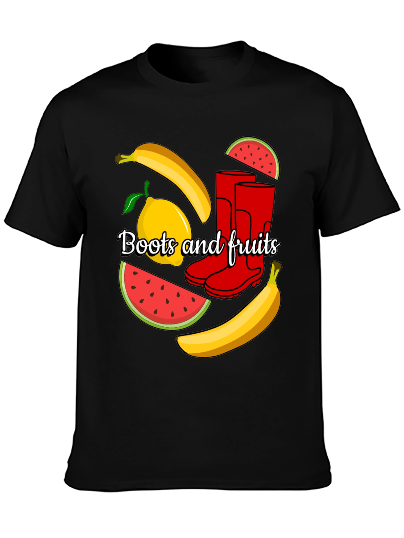Funky Boots & Fruits Black Graphic Tee
