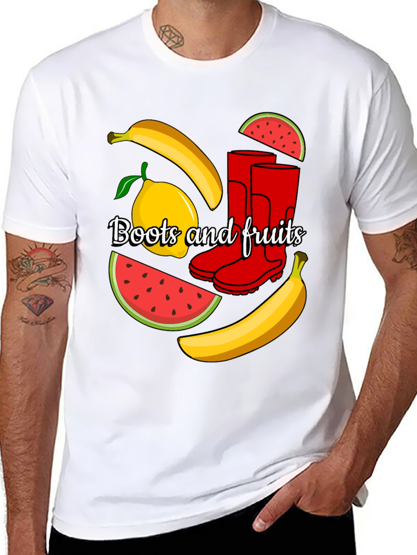 Funky Boots & Fruits Black Graphic Tee