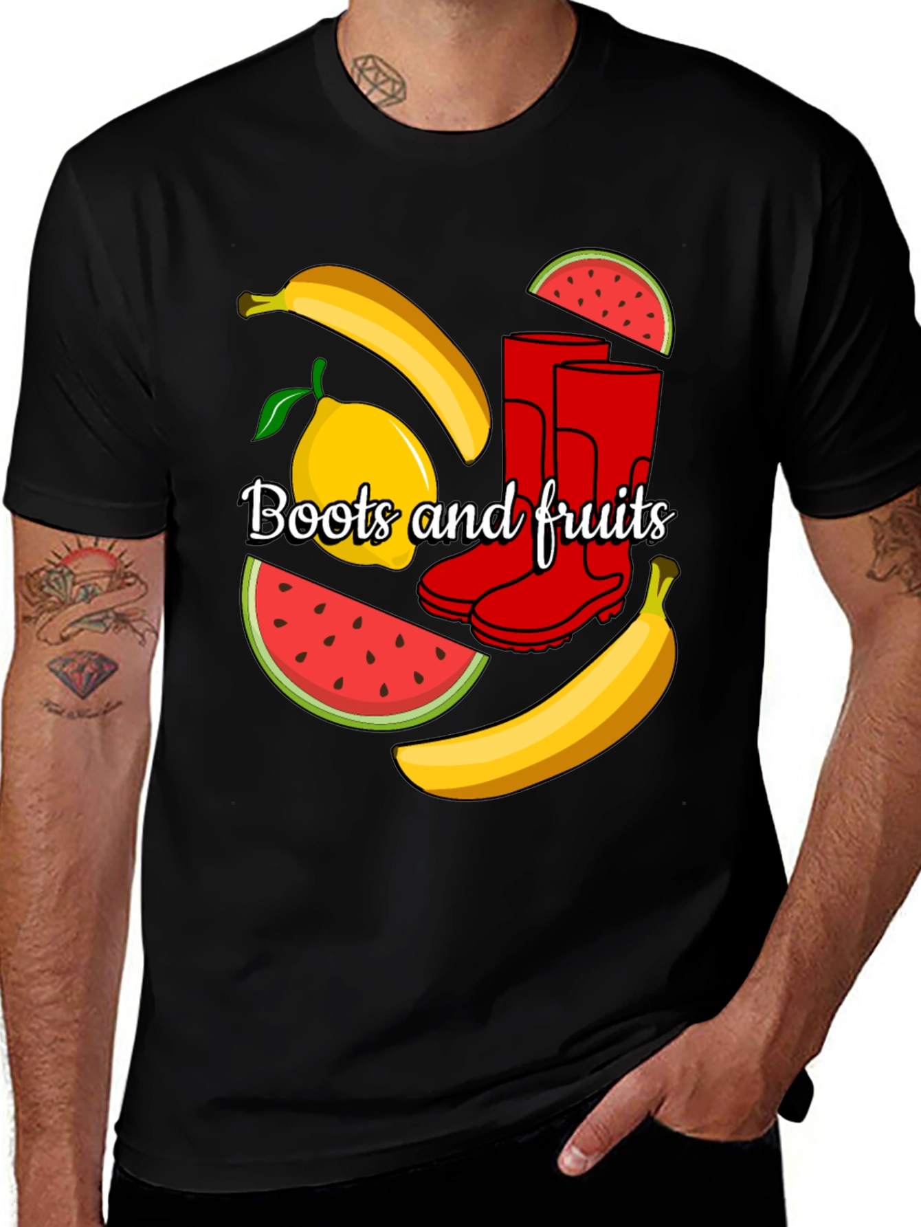Funky Boots & Fruits Black Graphic Tee