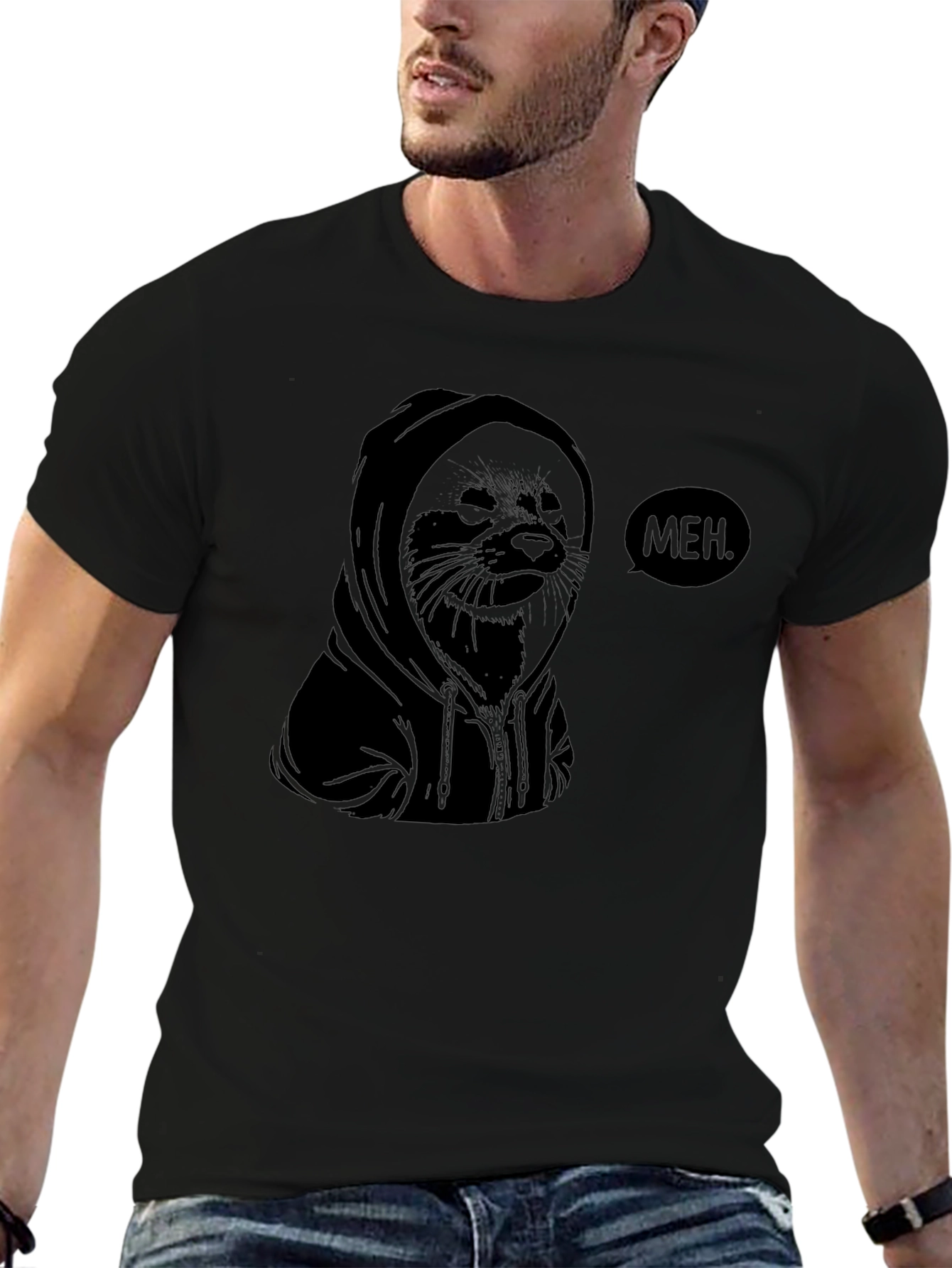 Meh. Hoodie Seal Graphic T-Shirt - Black