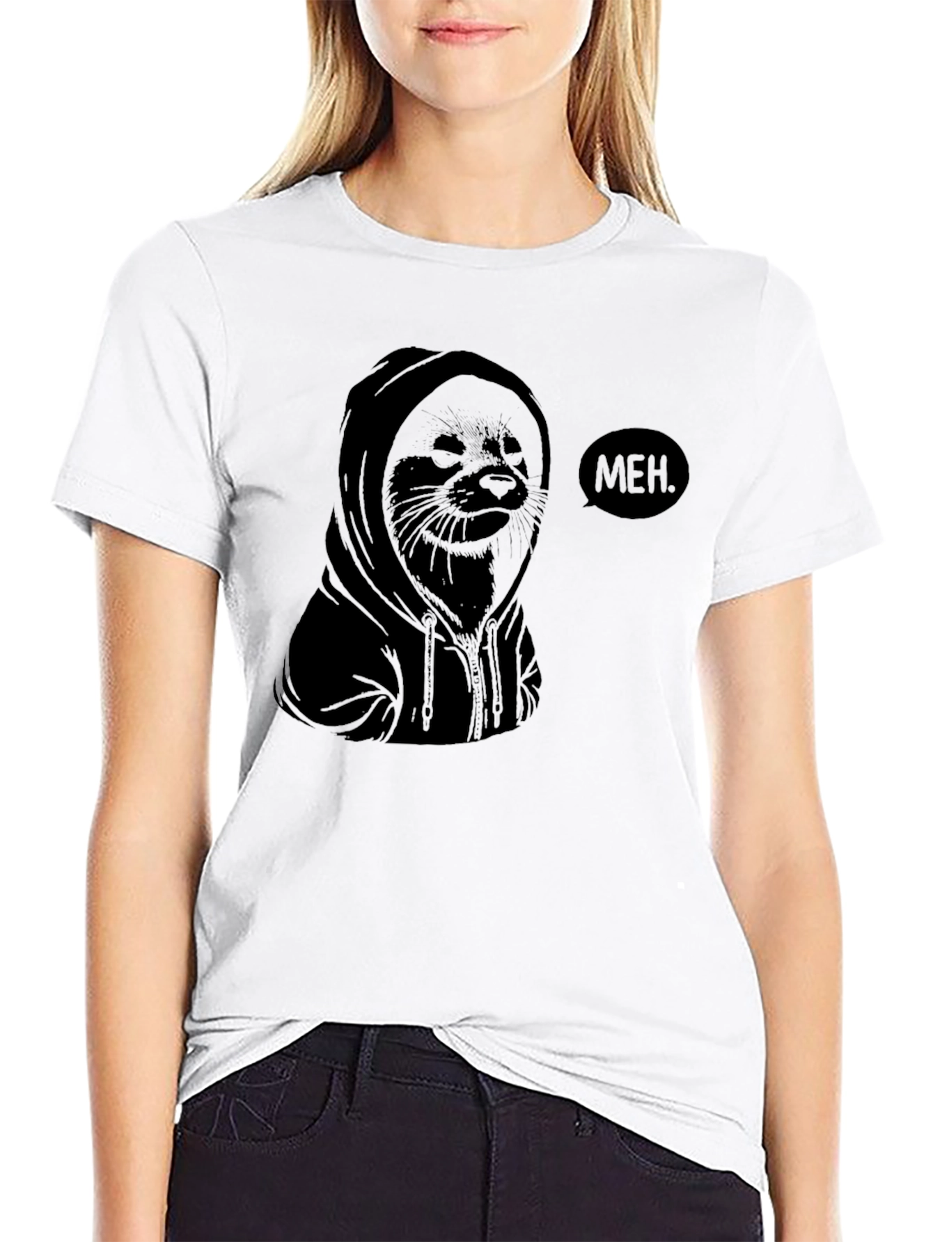 Meh. Hoodie Seal Graphic T-Shirt - Black