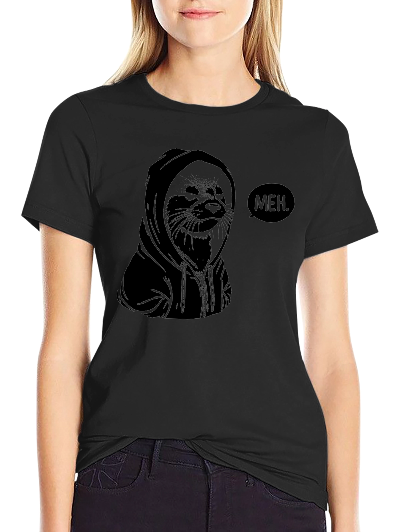 Meh. Hoodie Seal Graphic T-Shirt - Black