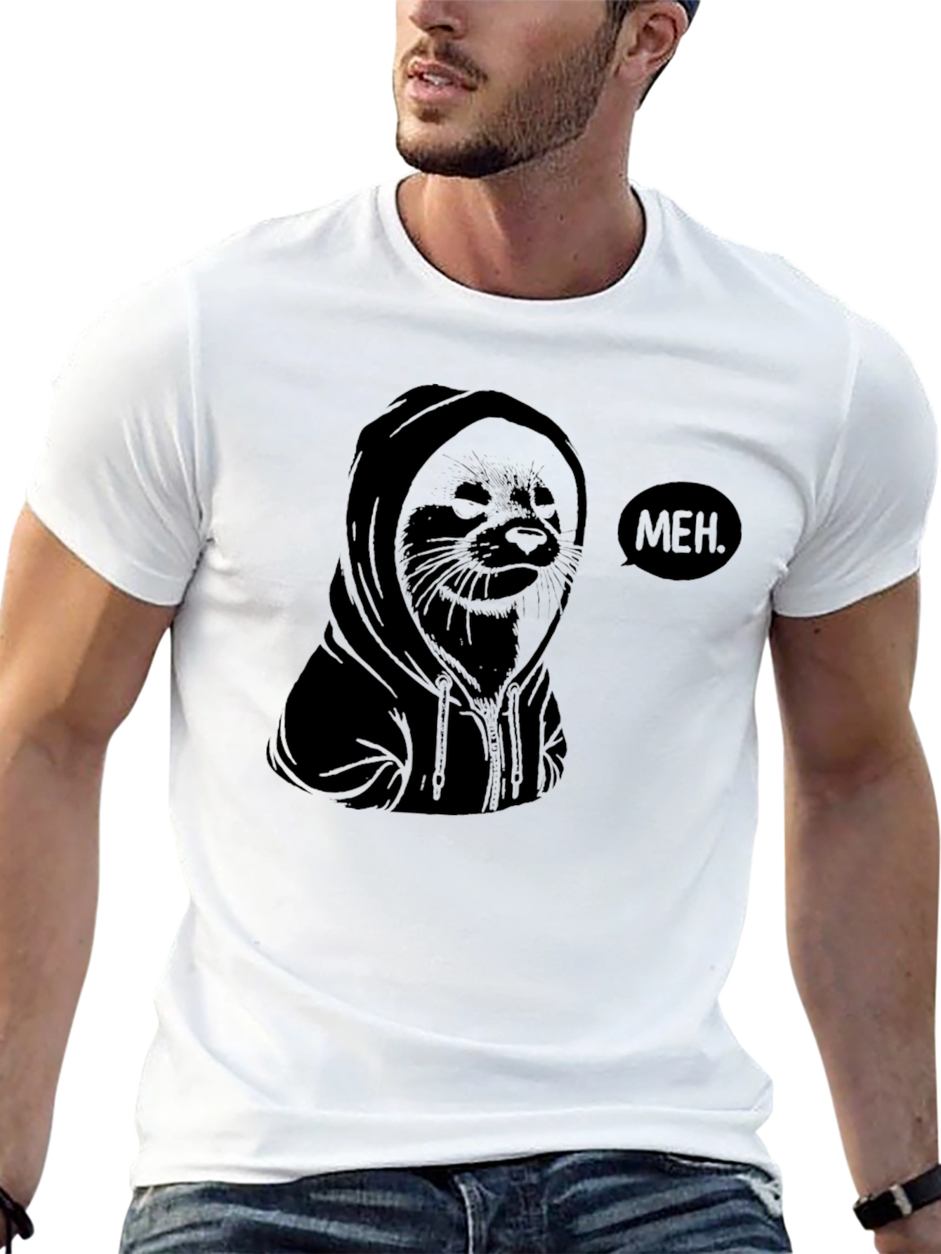 Meh. Hoodie Seal Graphic T-Shirt - Black
