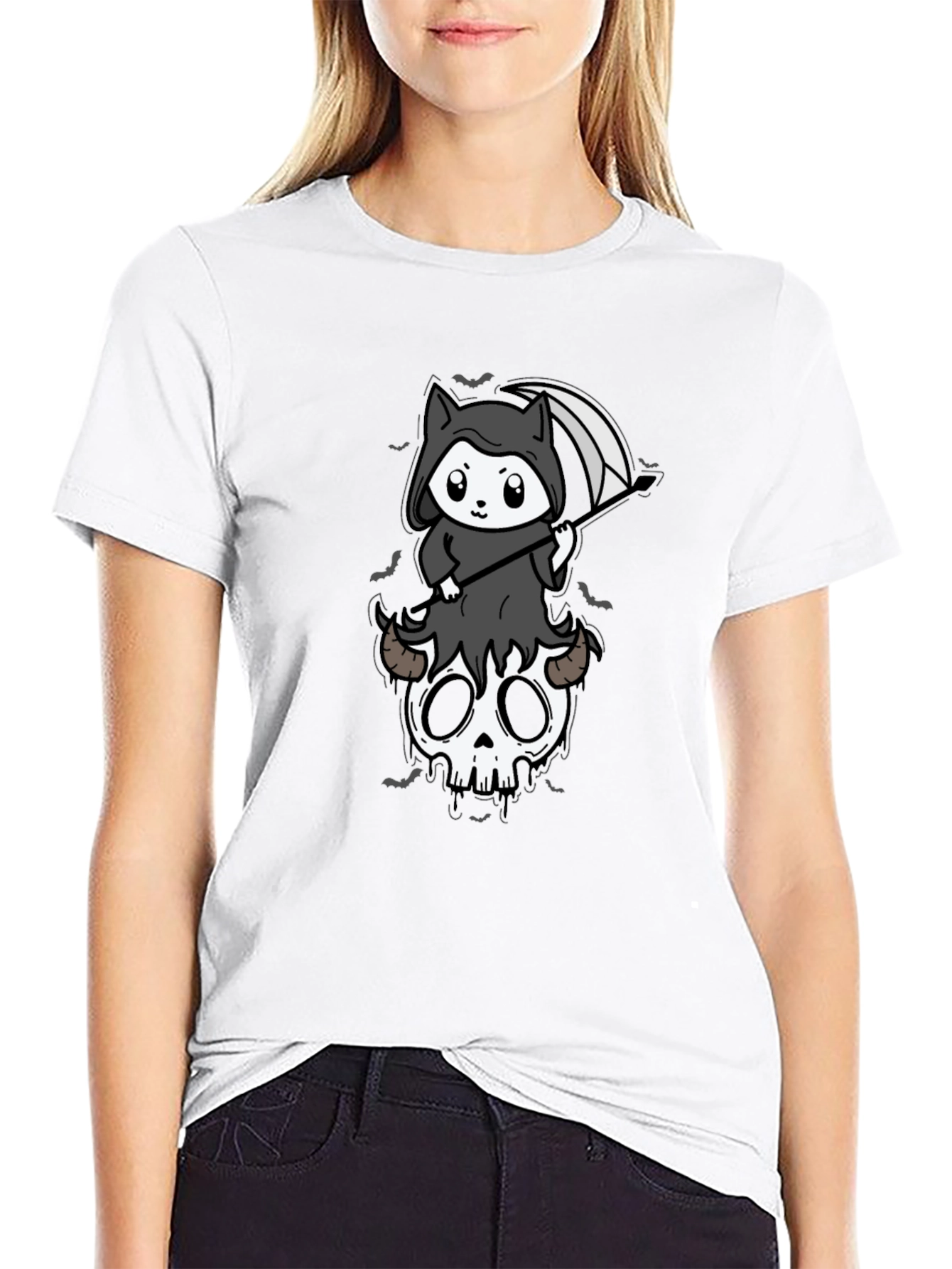 Grim Reaper Kitten T-Shirt - Skull Cute Spooky Tee