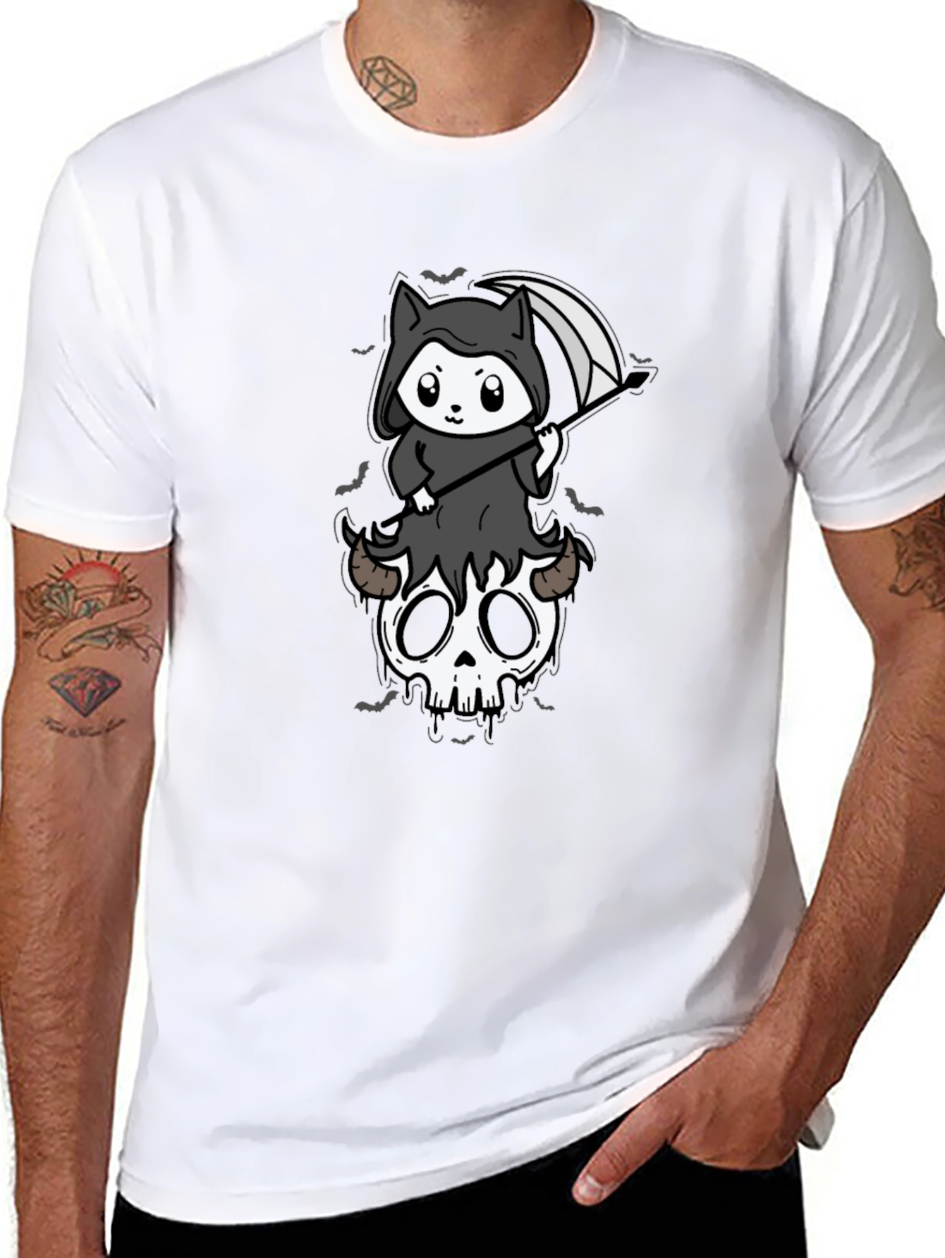 Grim Reaper Kitten T-Shirt - Skull Cute Spooky Tee