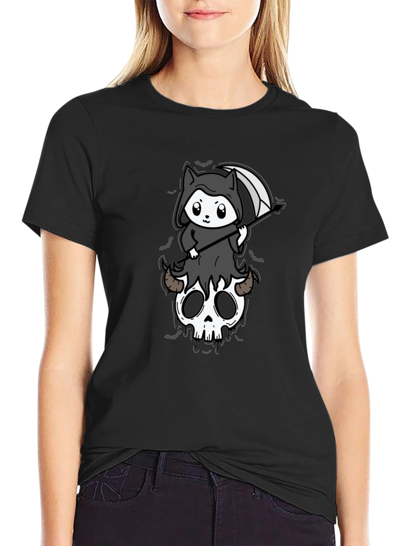Grim Reaper Kitten T-Shirt - Skull Cute Spooky Tee