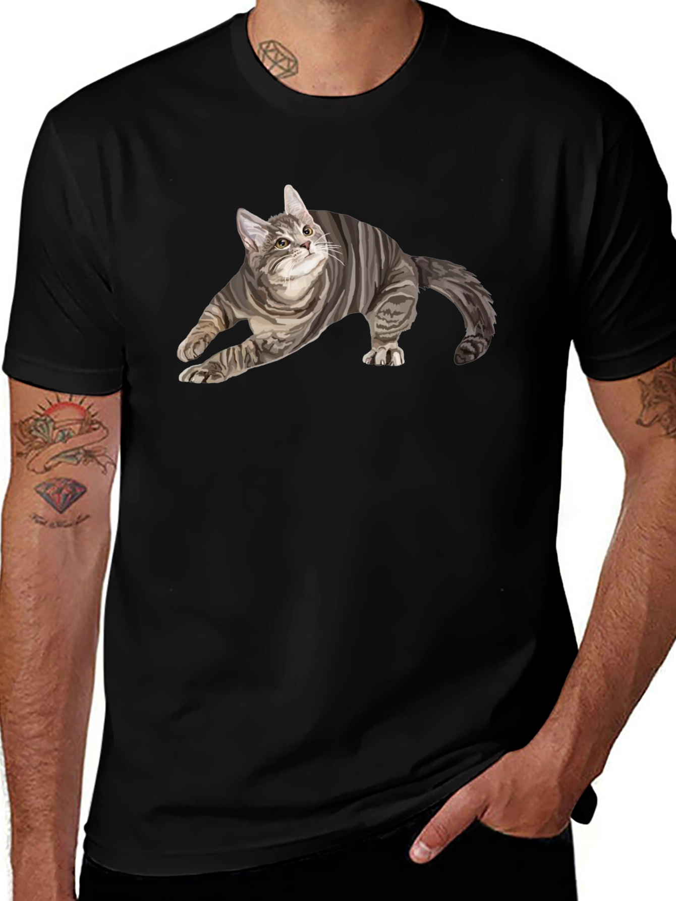 Mens Black T-Shirt with Cat Graphic
