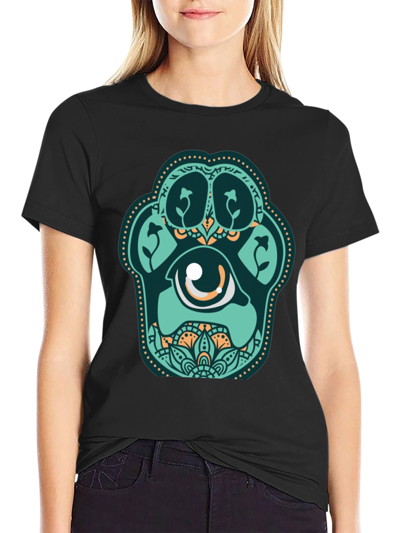 Unique Paw Print Eye Graphic Black T-Shirt