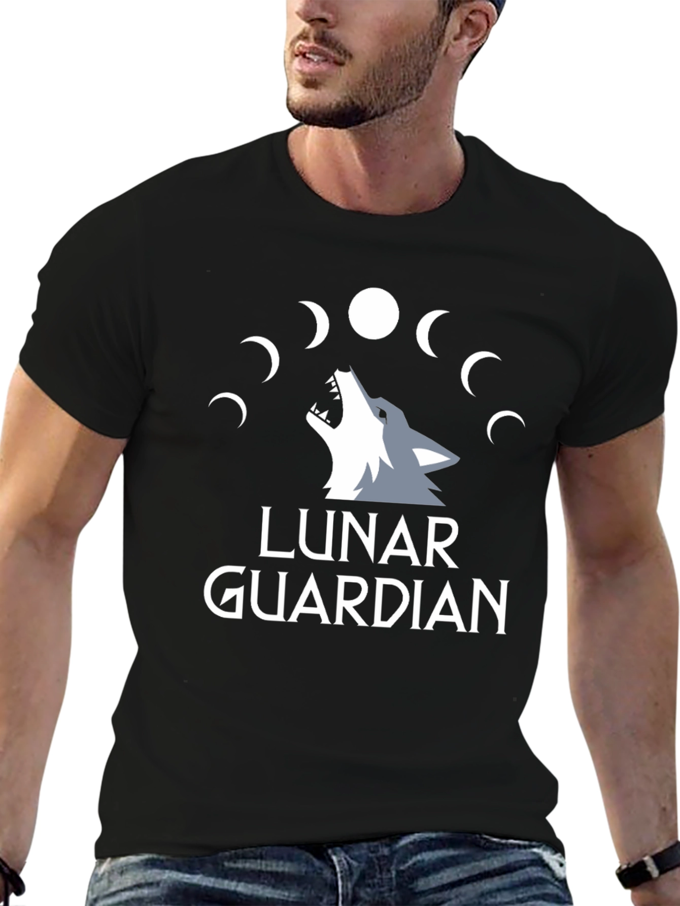 Lunar Guardian Wolf Graphic Tee - Black Cotton T-Shirt
