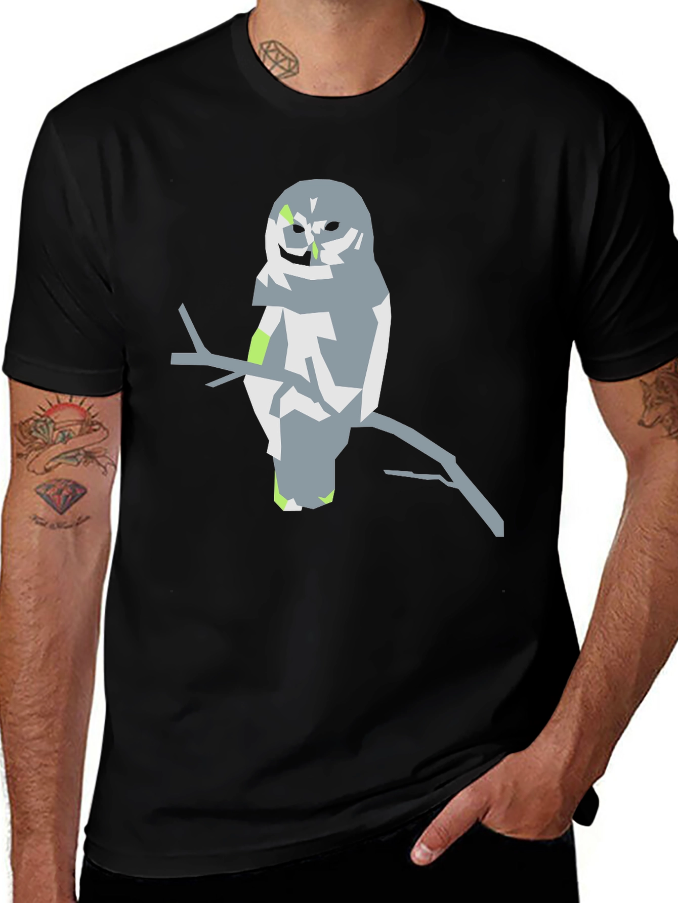 Abstract Owl Graphic Tee - Black Cotton Blend Shirt