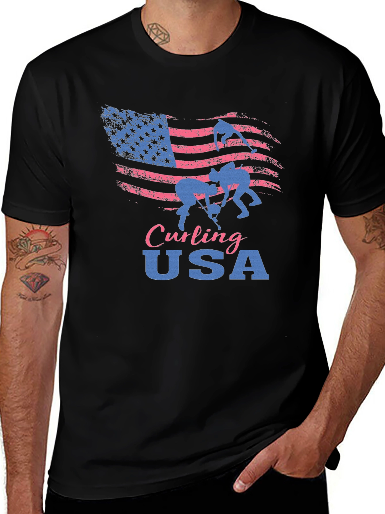 Curling USA T-Shirt - Patriotic American Flag Design