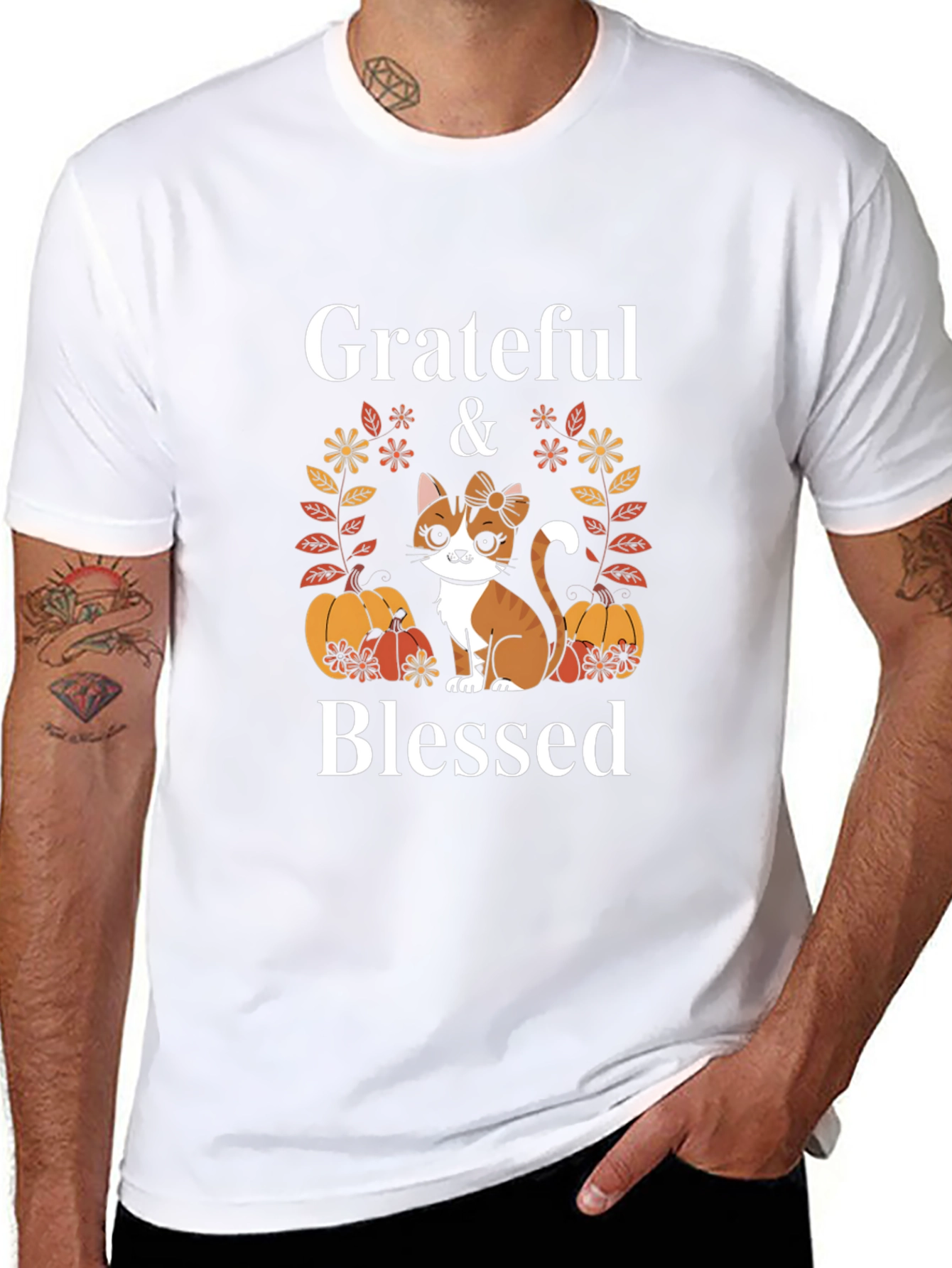Grateful & Blessed Cat Pumpkin T-Shirt