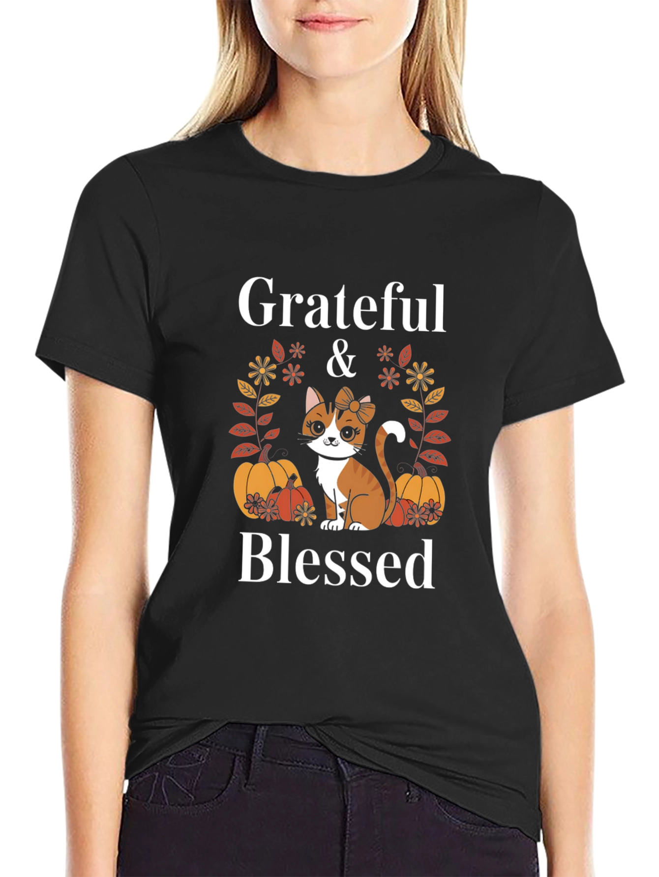 Grateful & Blessed Cat Pumpkin T-Shirt