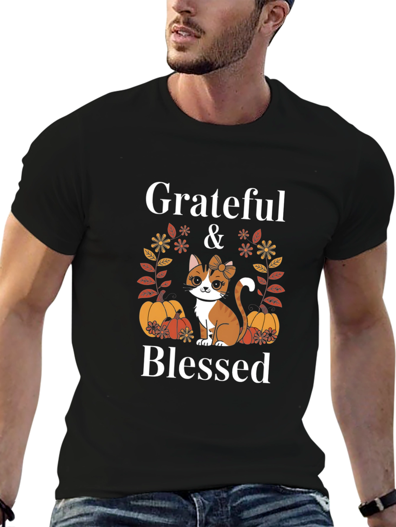 Grateful & Blessed Cat Pumpkin T-Shirt