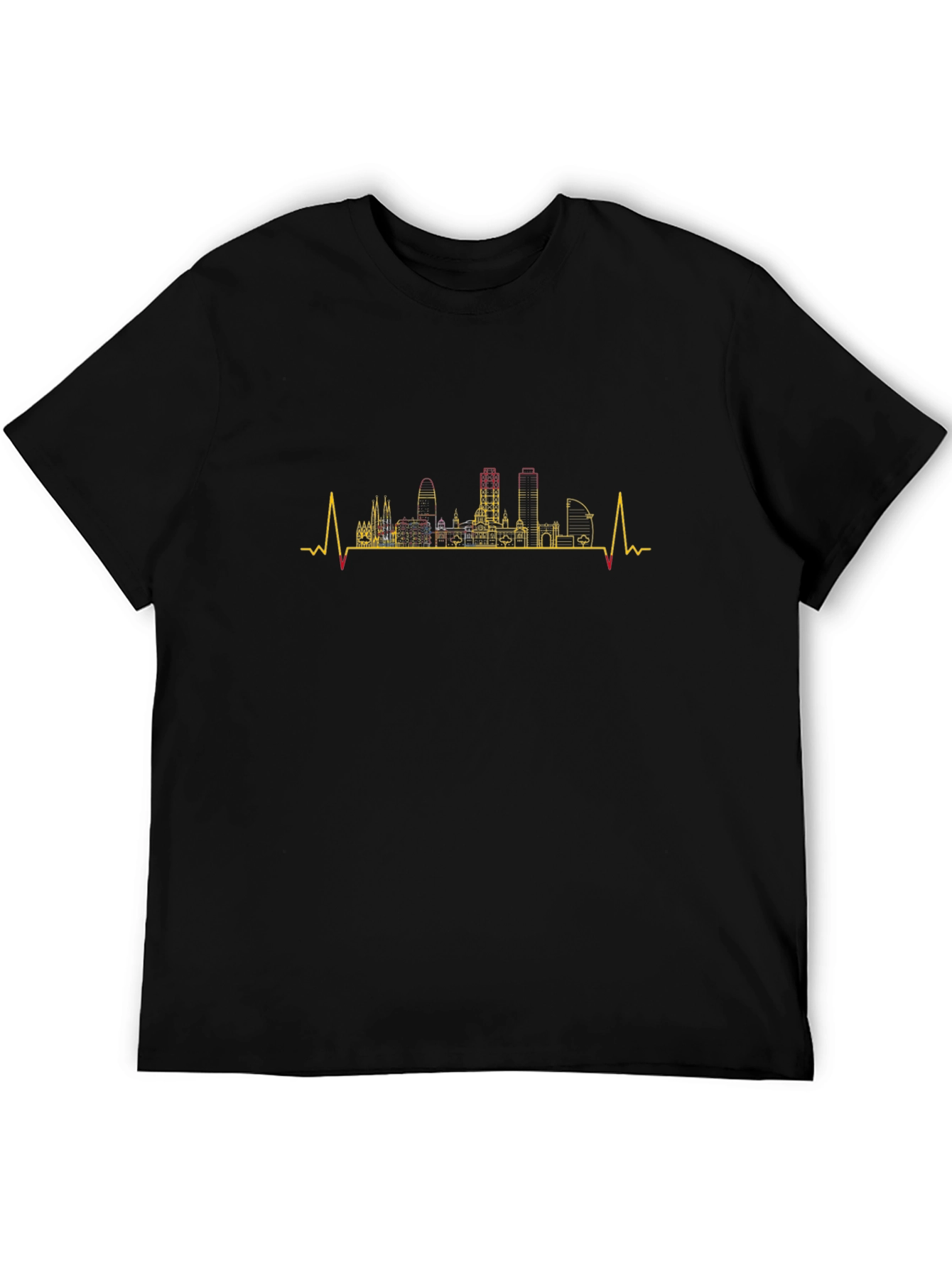 Barcelona Skyline Heartbeat Mens Black T-Shirt