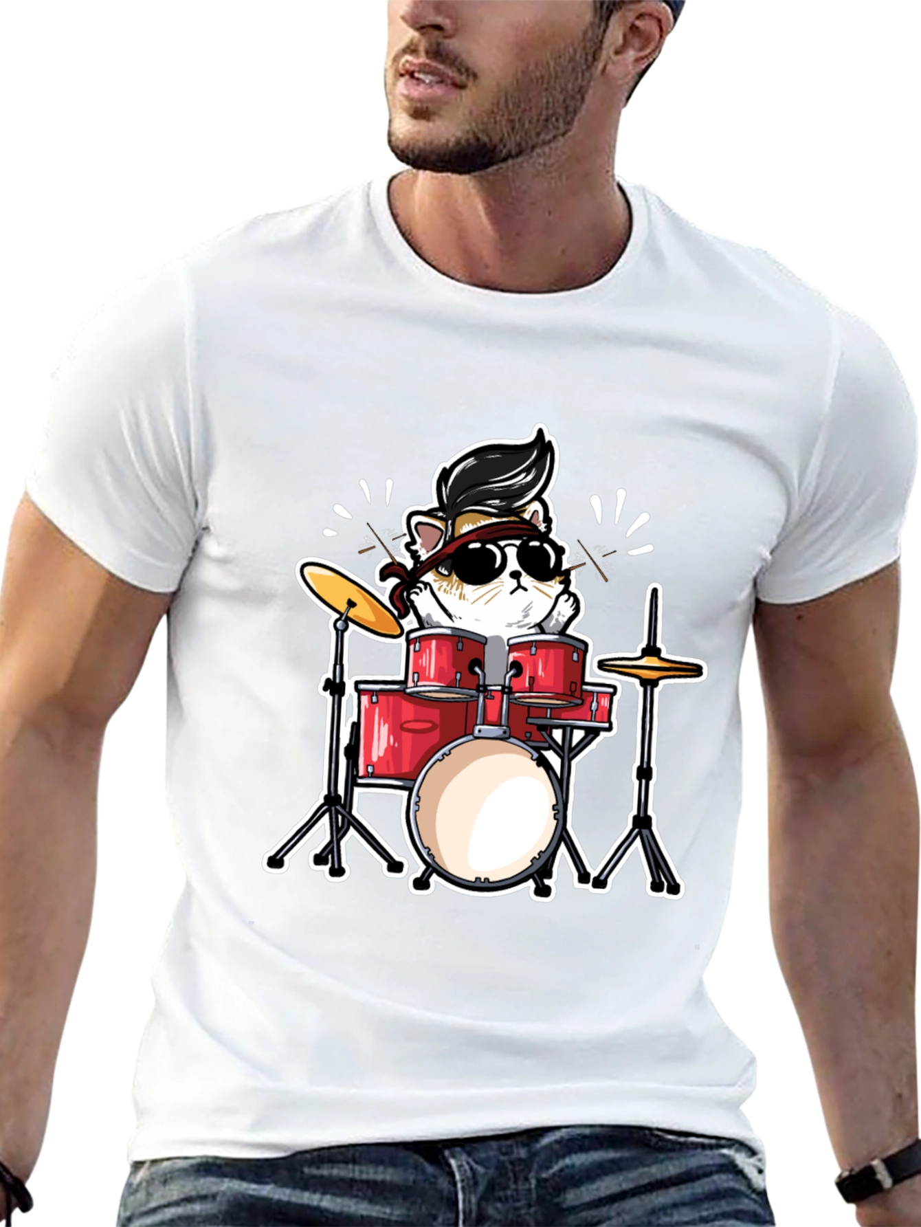 Cool Cat Drummer Graphic T-Shirt