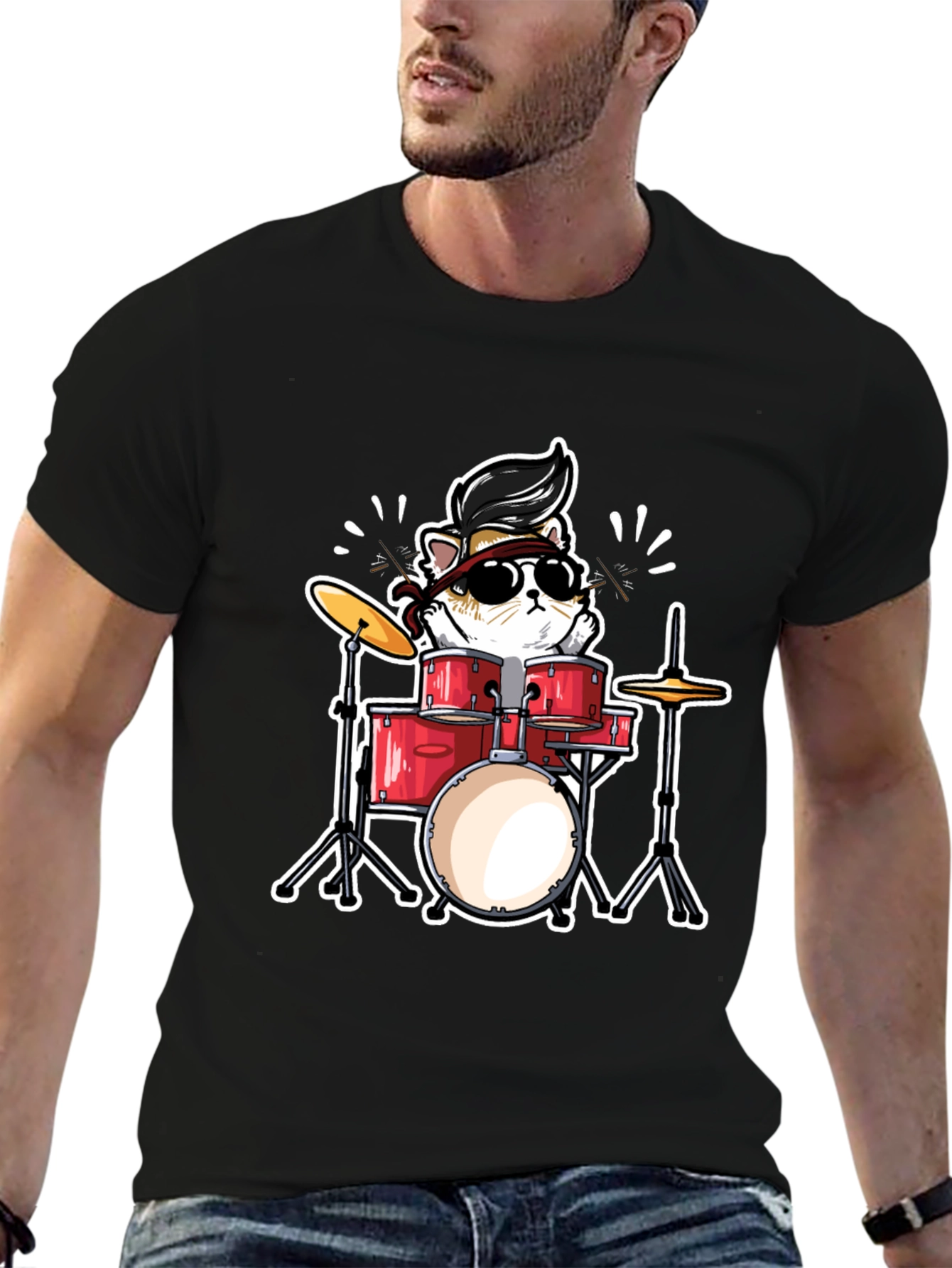 Cool Cat Drummer Graphic T-Shirt