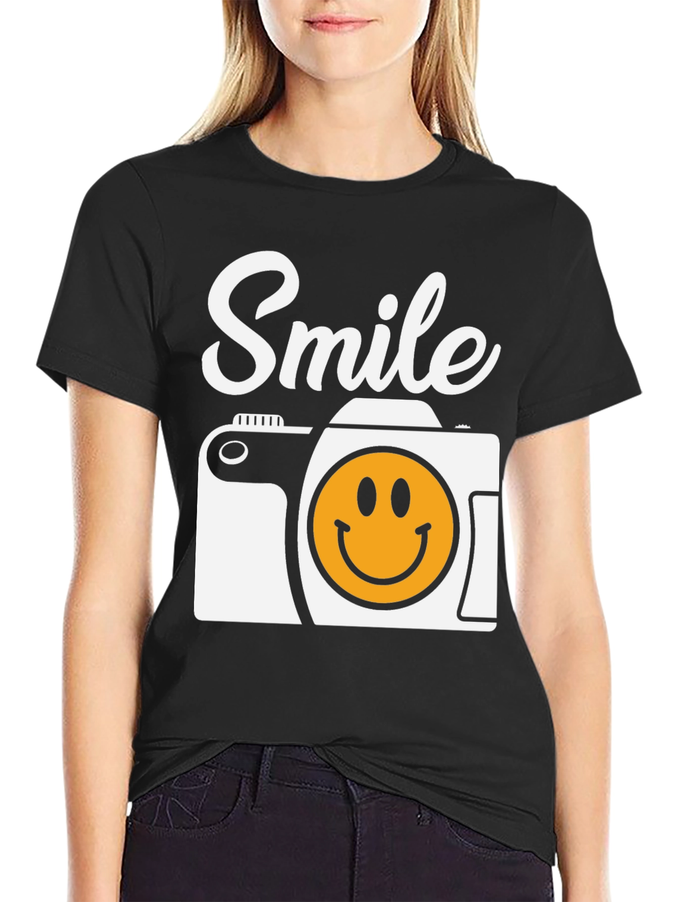 Smile Camera Graphic Tee - Black Cotton T-Shirt