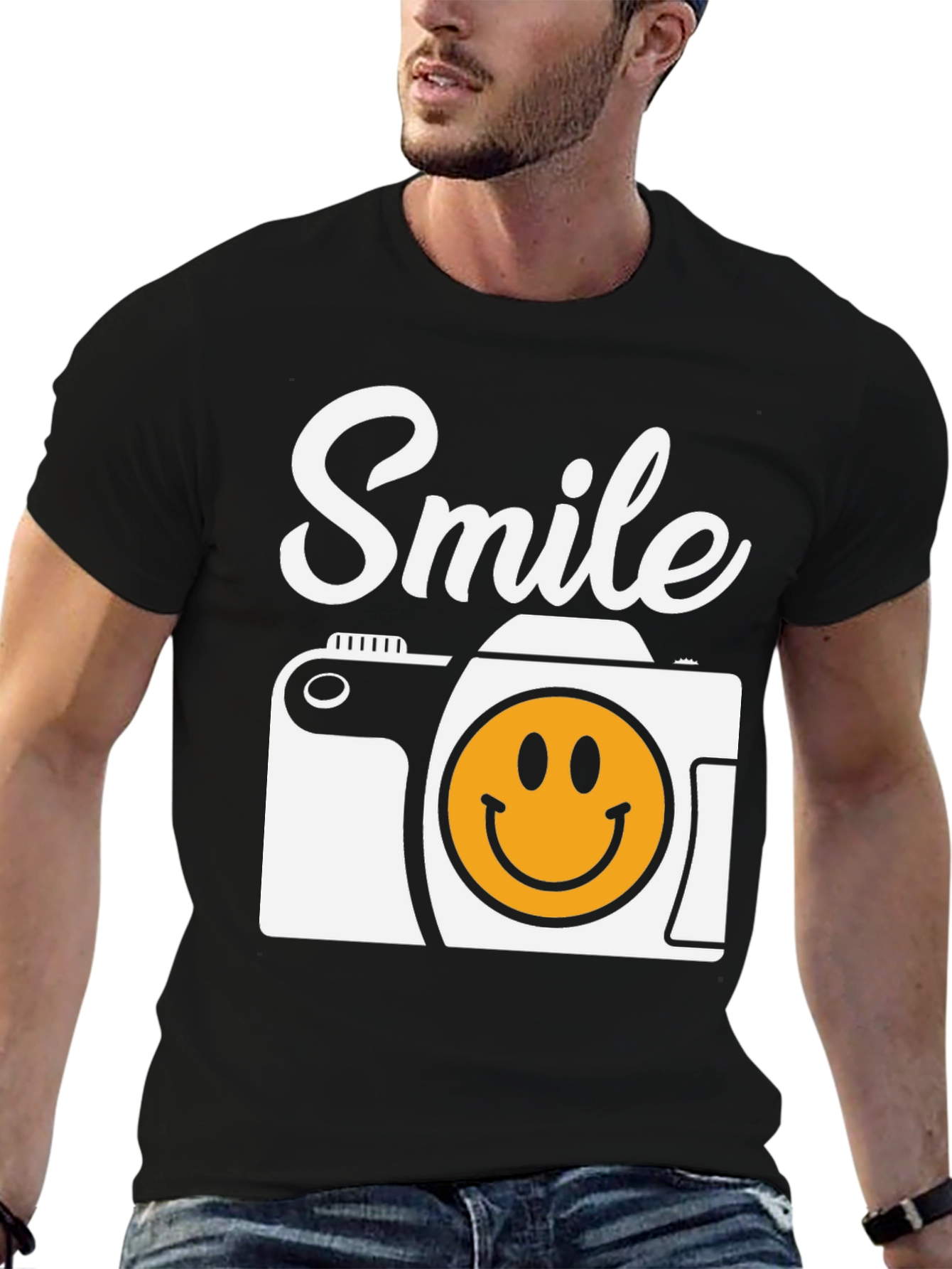 Smile Camera Graphic Tee - Black Cotton T-Shirt