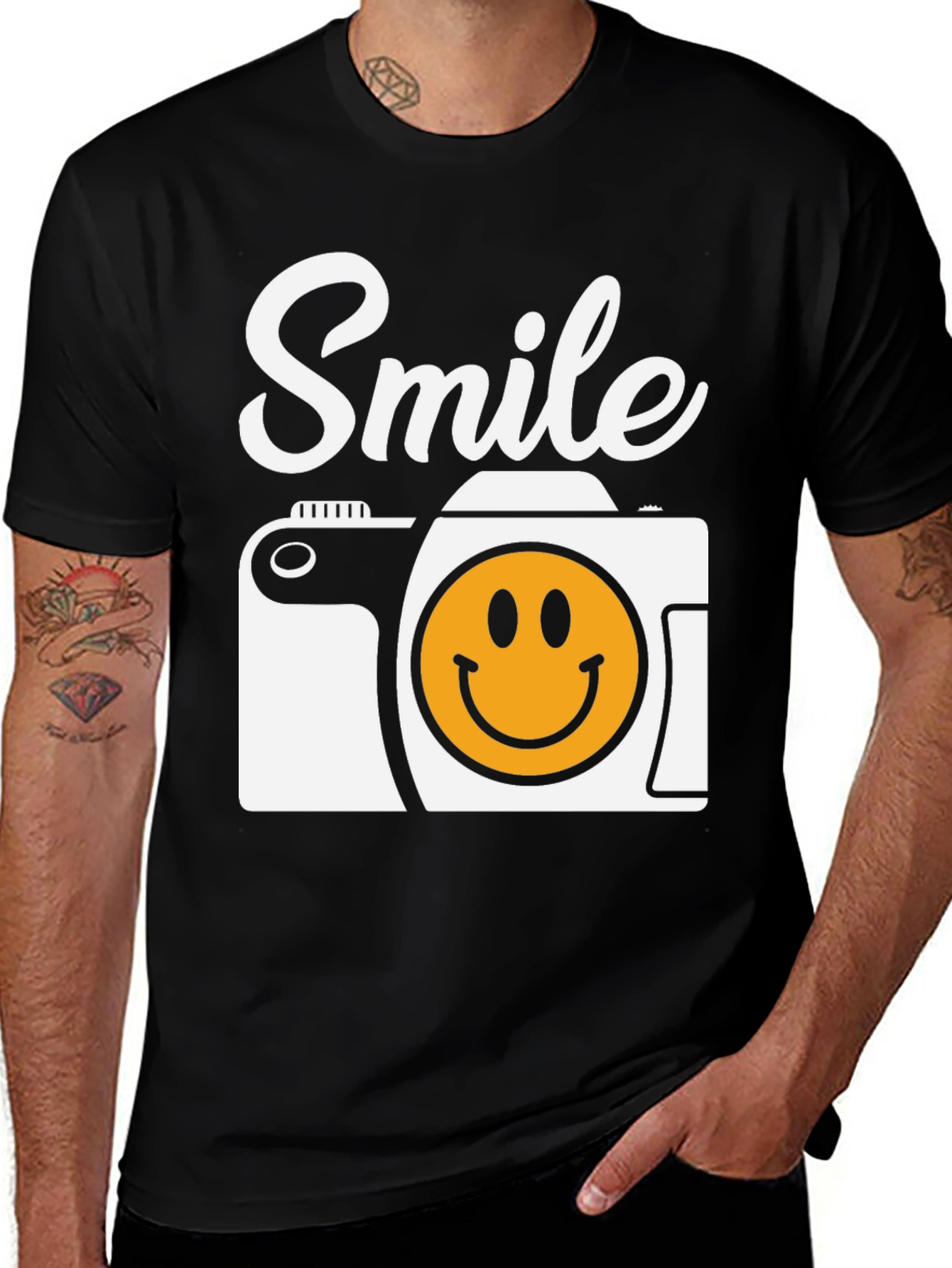 Smile Camera Graphic Tee - Black Cotton T-Shirt