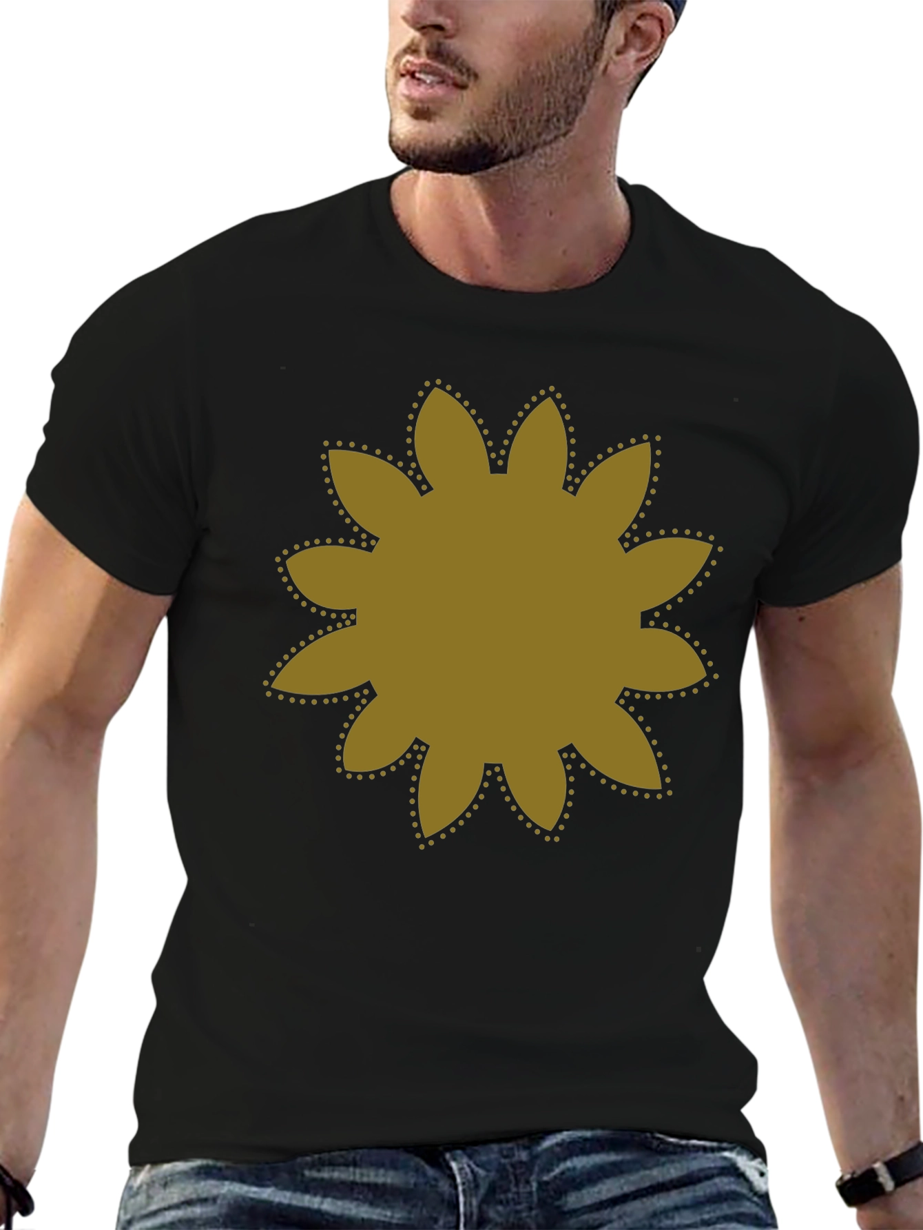 Black T-Shirt with Gold Flower Graphic