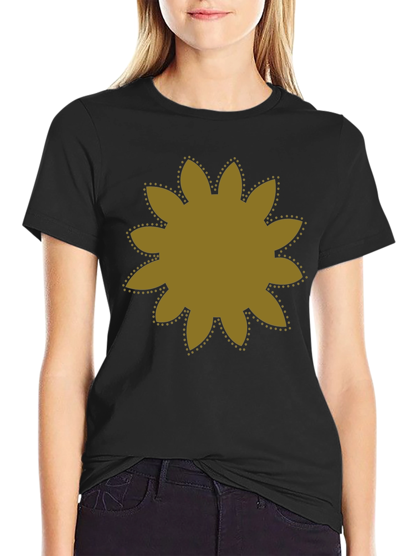 Black T-Shirt with Gold Flower Graphic