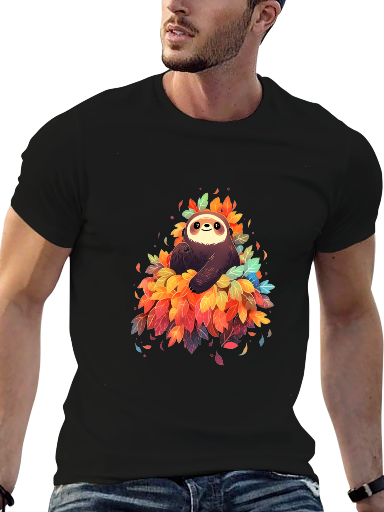 Sloth in Leaves Graphic Tee - Black T-Shirt