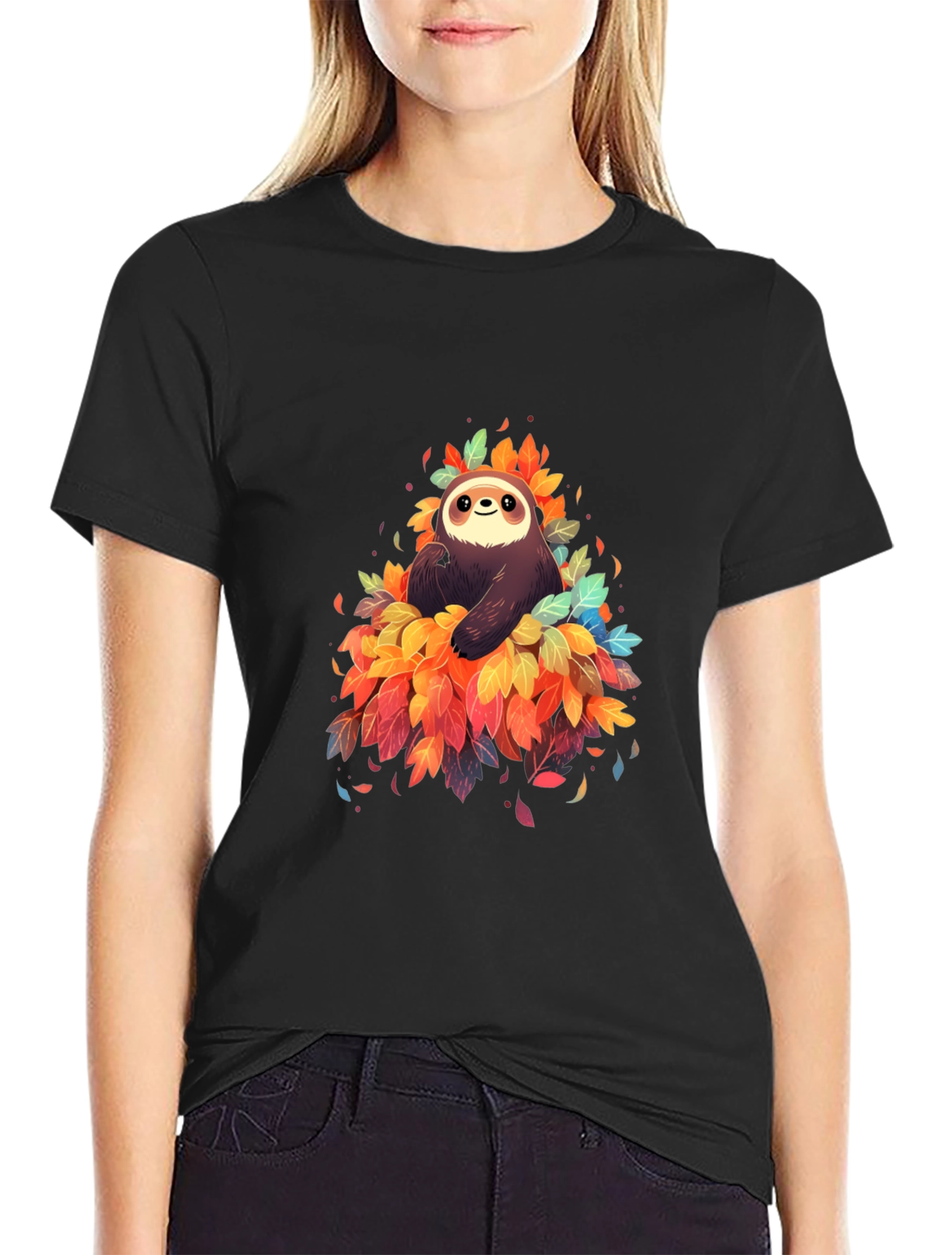 Sloth in Leaves Graphic Tee - Black T-Shirt