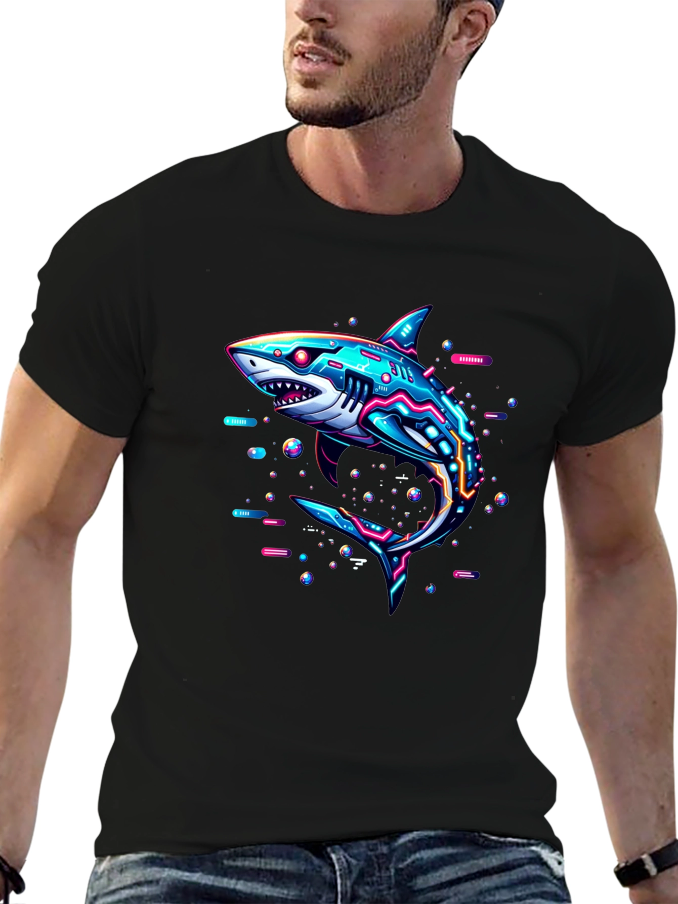 Cyberpunk Shark Graphic Tee - Black Cotton T-Shirt