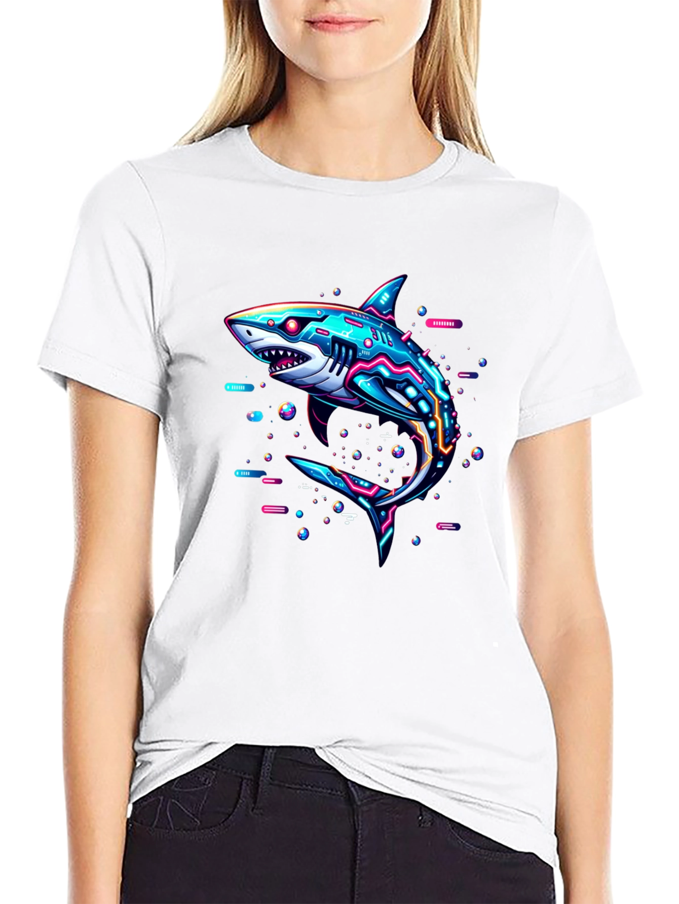 Cyberpunk Shark Graphic Tee - Black Cotton T-Shirt