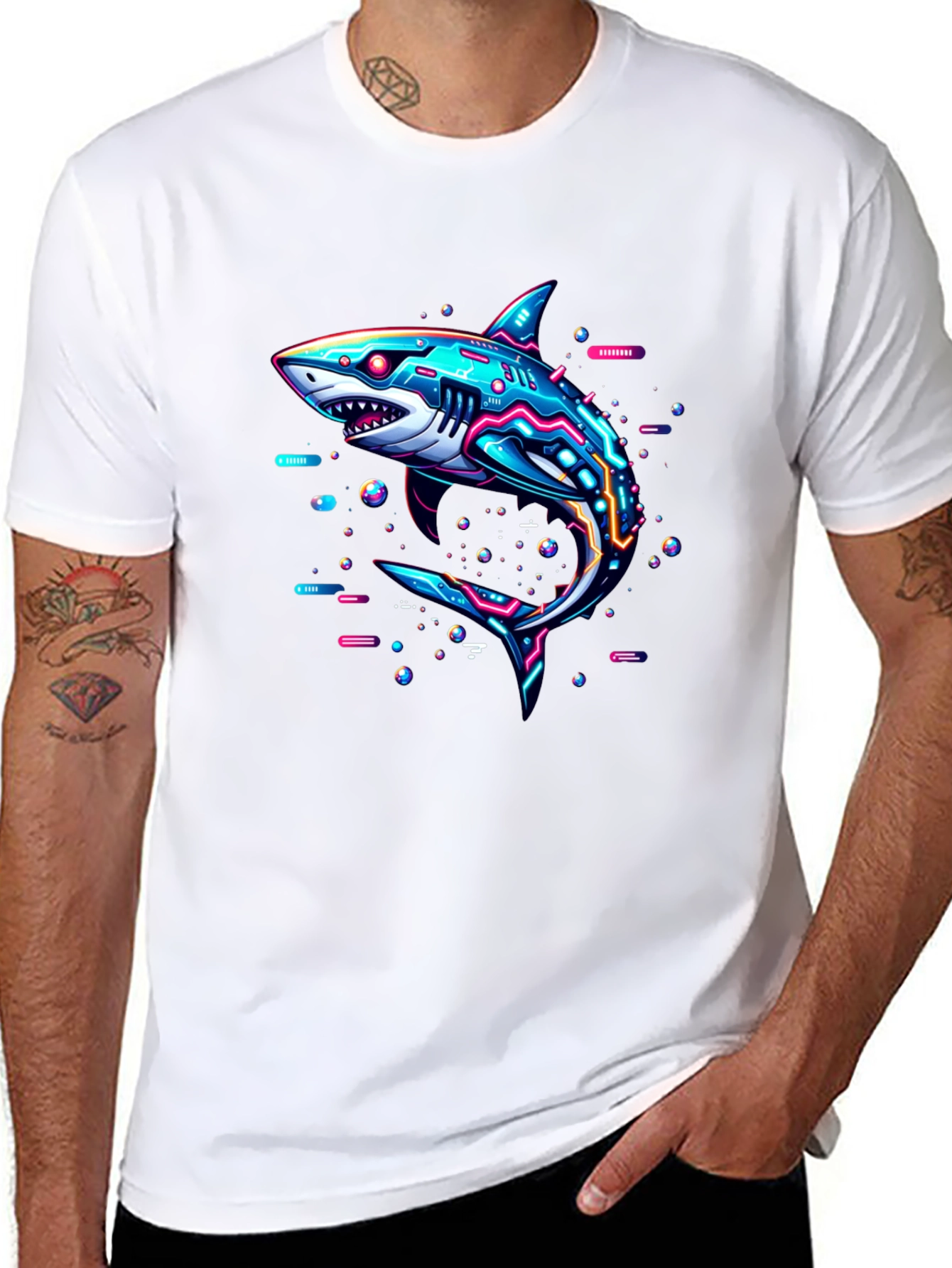 Cyberpunk Shark Graphic Tee - Black Cotton T-Shirt