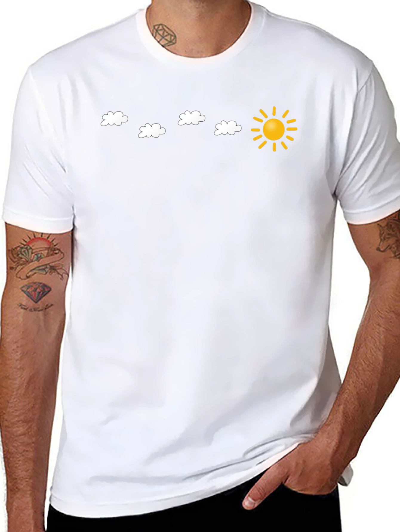 Black T-Shirt with Sun and Cloud Design
