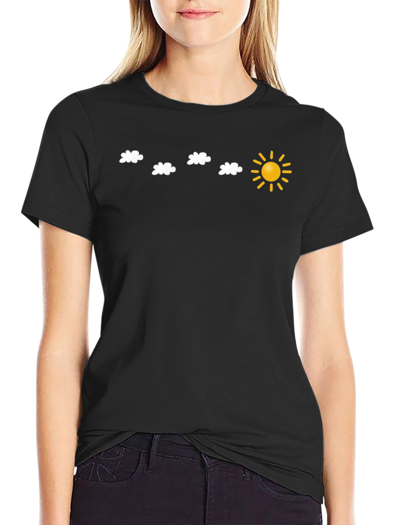 Black T-Shirt with Sun and Cloud Design