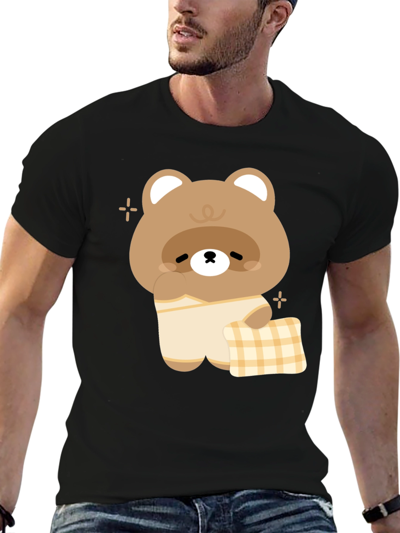 Cute Kawaii Bear in Pajamas Black T-Shirt