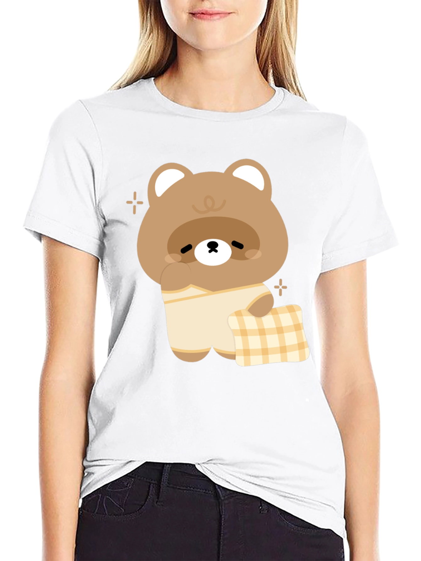 Cute Kawaii Bear in Pajamas Black T-Shirt