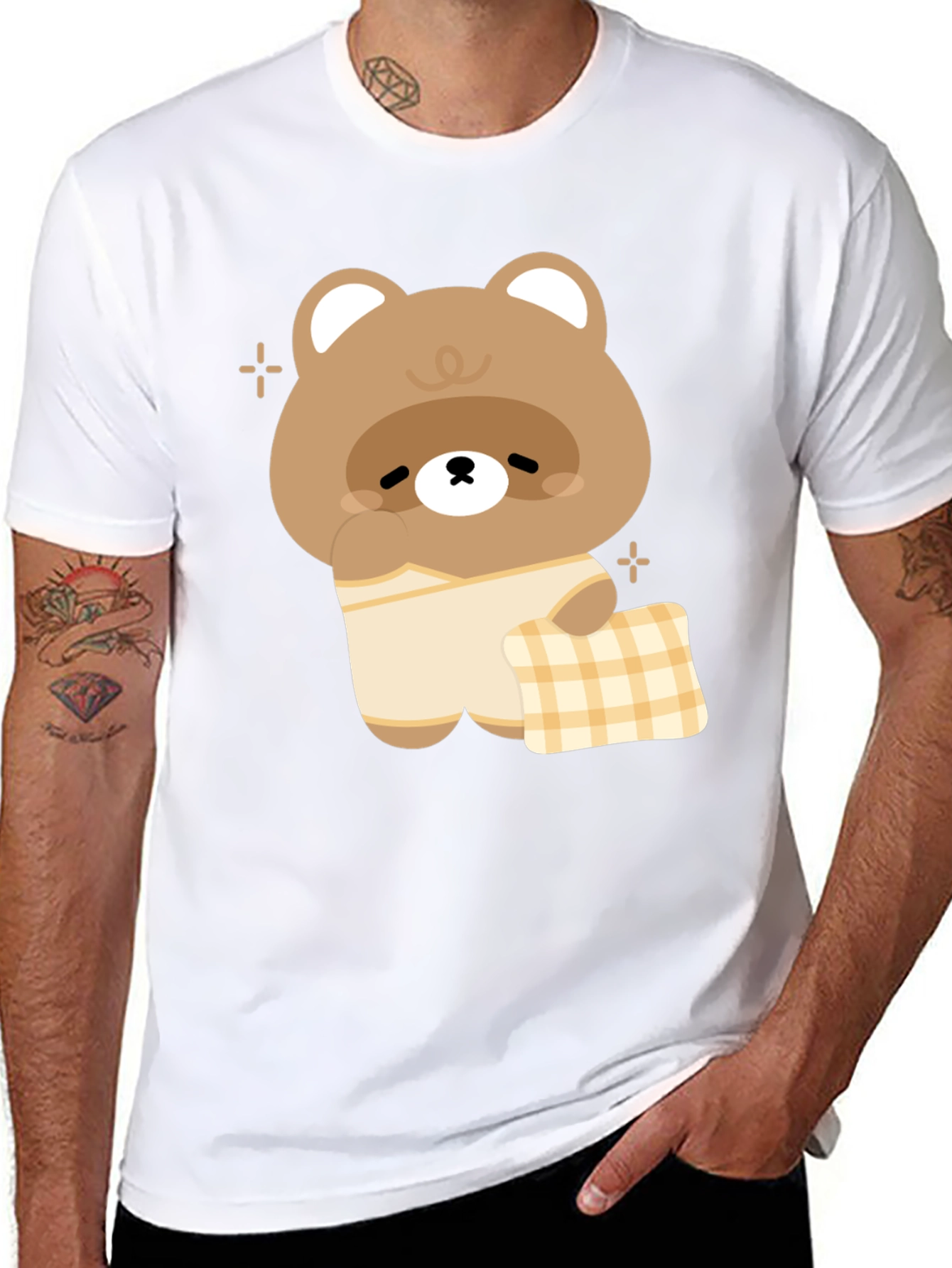 Cute Kawaii Bear in Pajamas Black T-Shirt