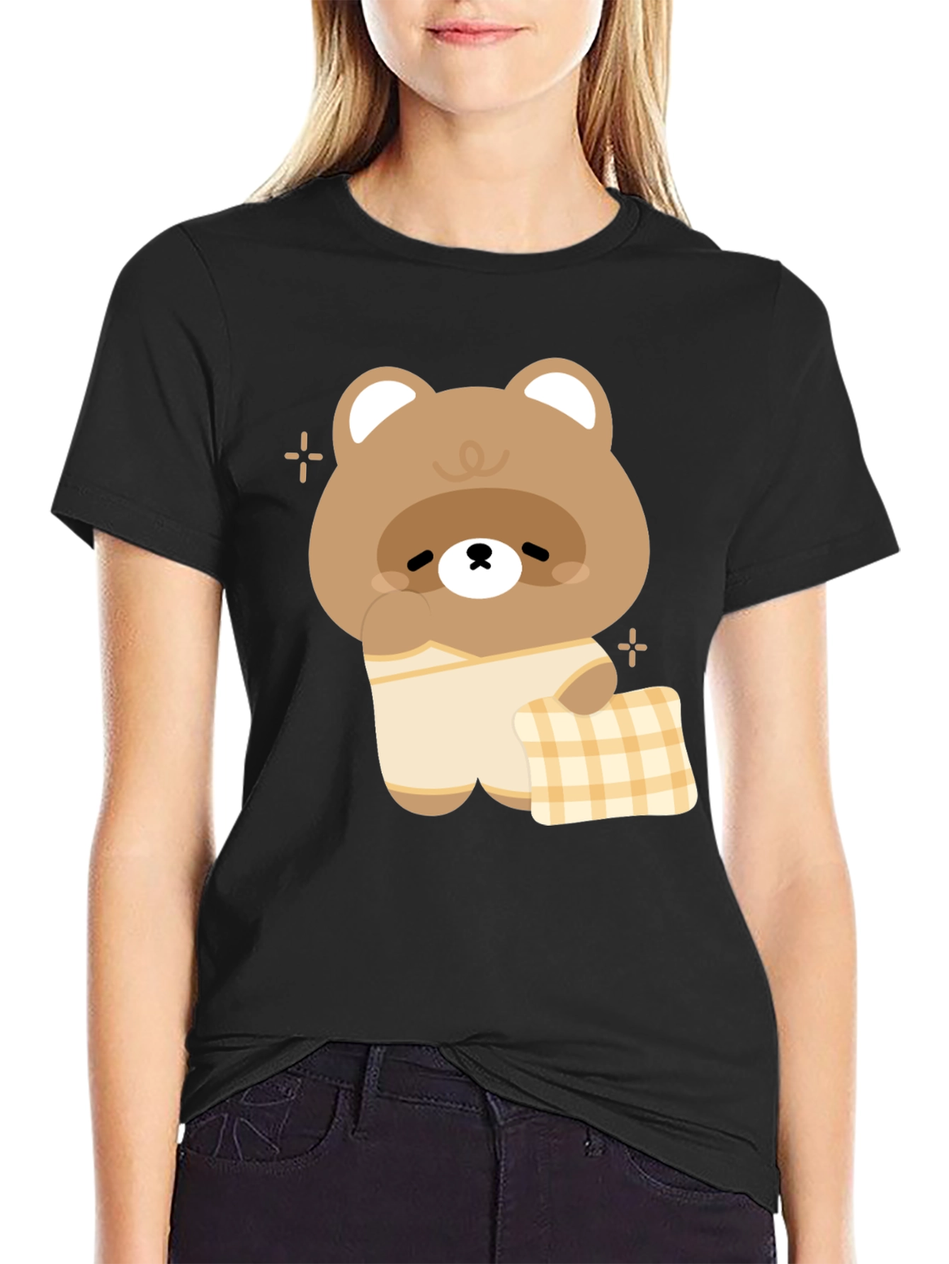 Cute Kawaii Bear in Pajamas Black T-Shirt