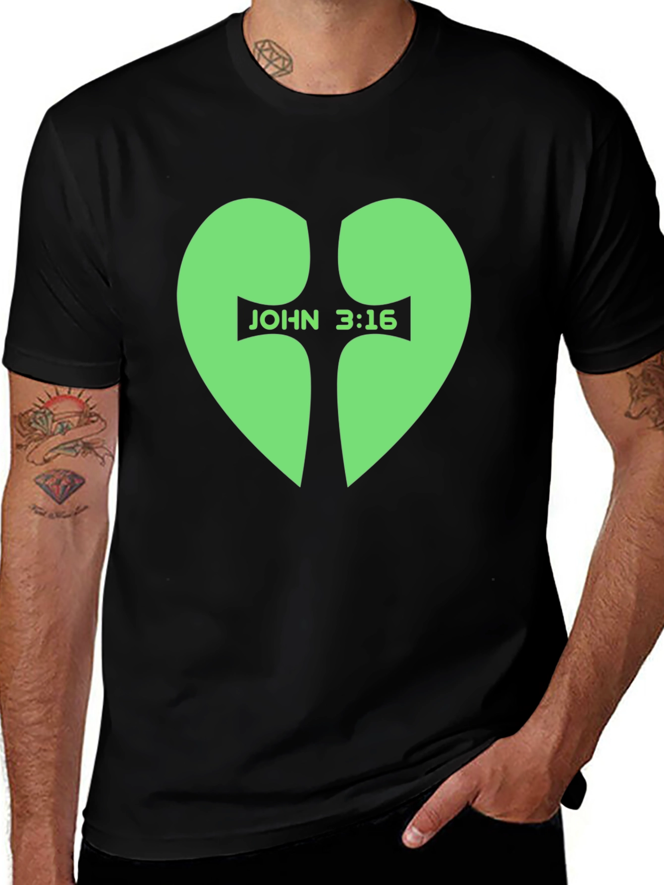 John 3:16 Heart Cross T-Shirt - Black