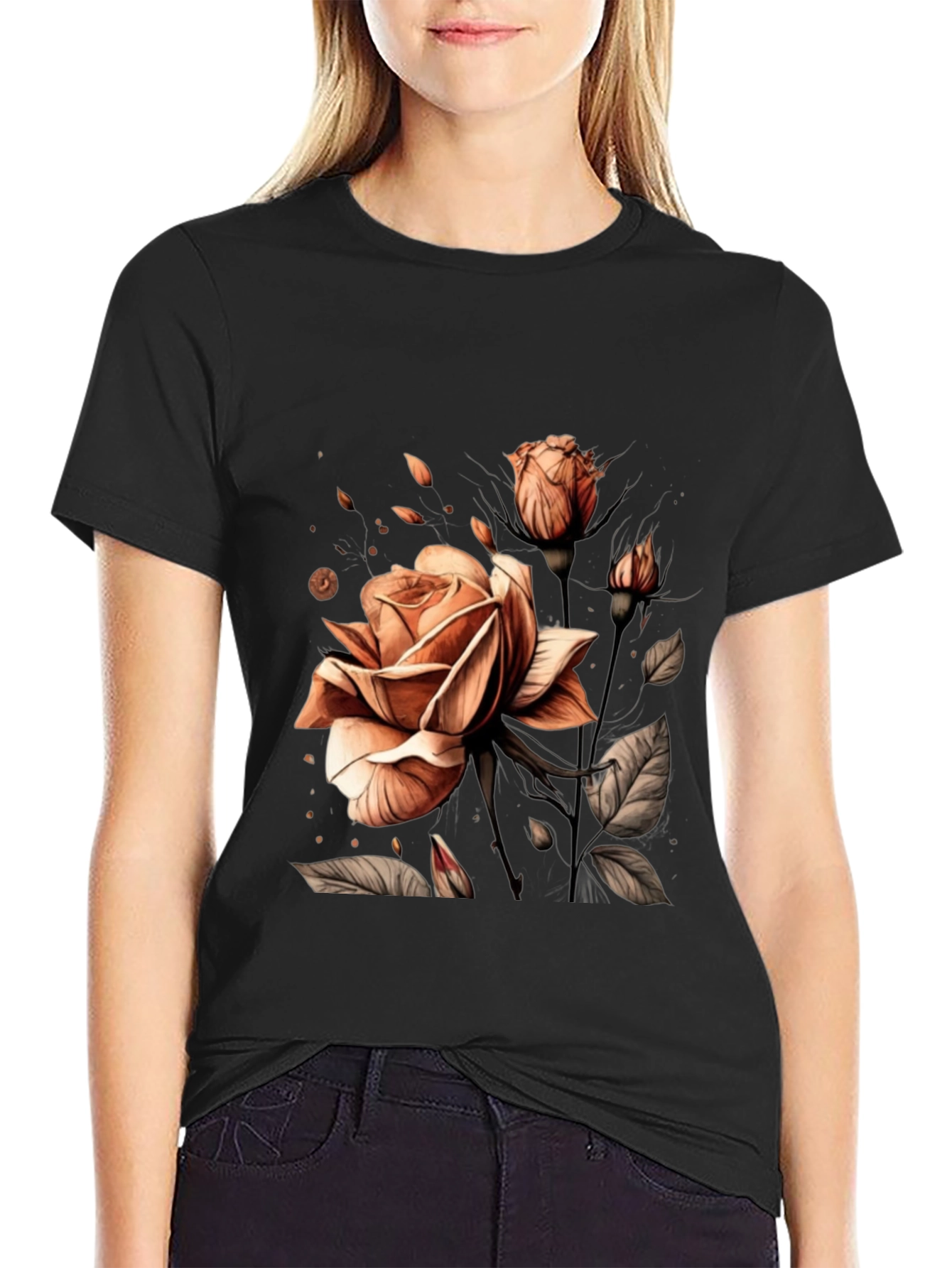 Elegant Rose Graphic Black T-Shirt