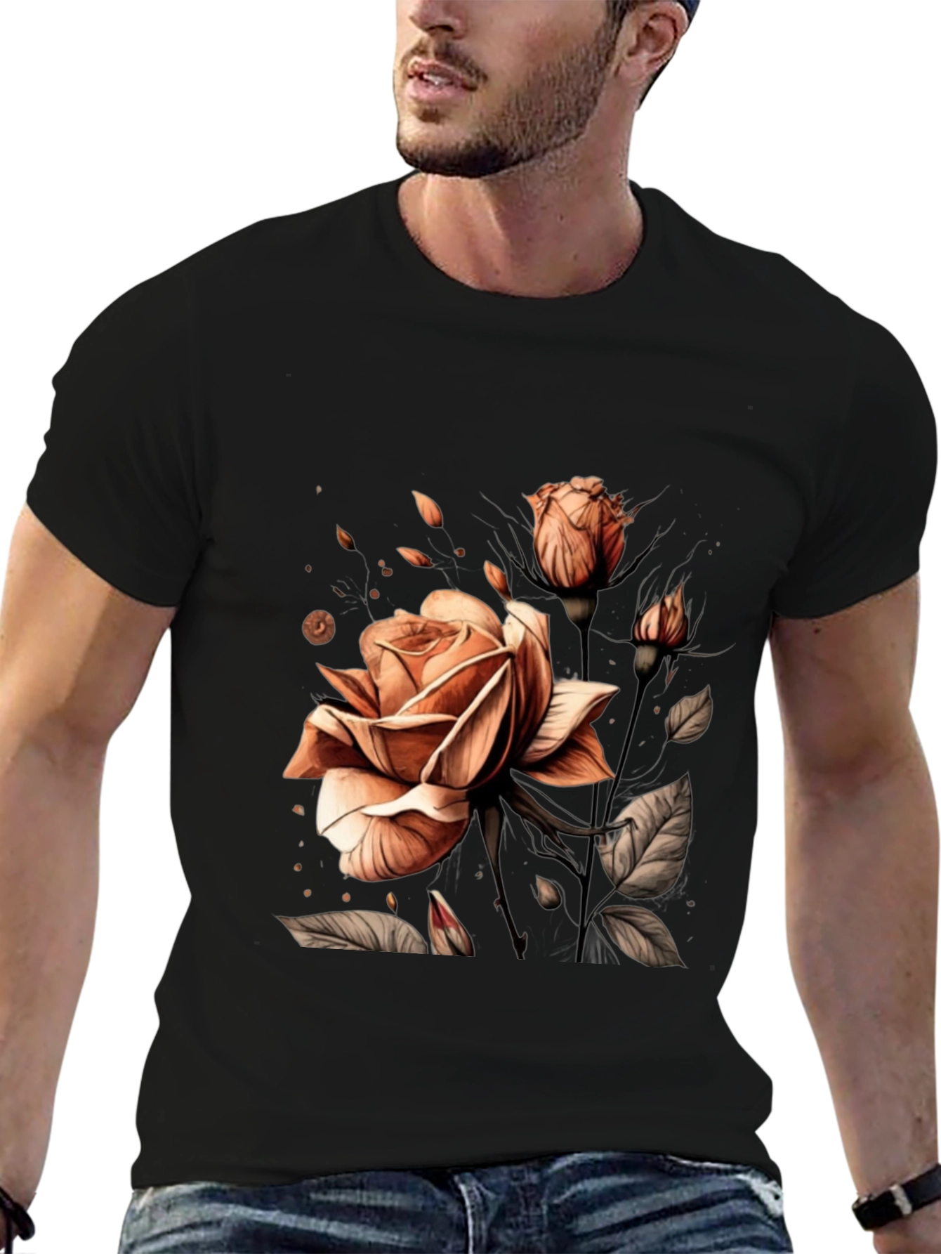 Elegant Rose Graphic Black T-Shirt