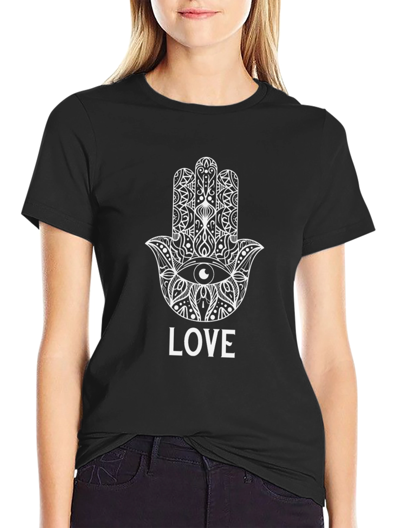 Hamsa Hand Love Print Black T-Shirt