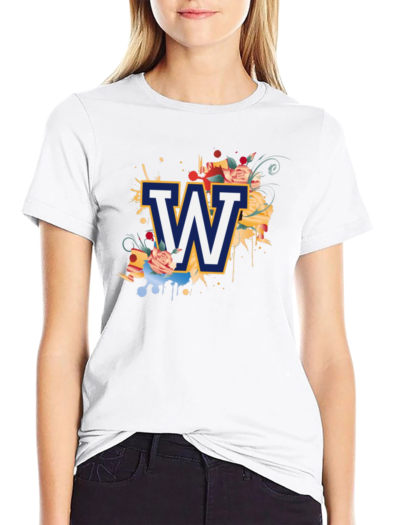 Floral W Letter Graphic Black T-Shirt
