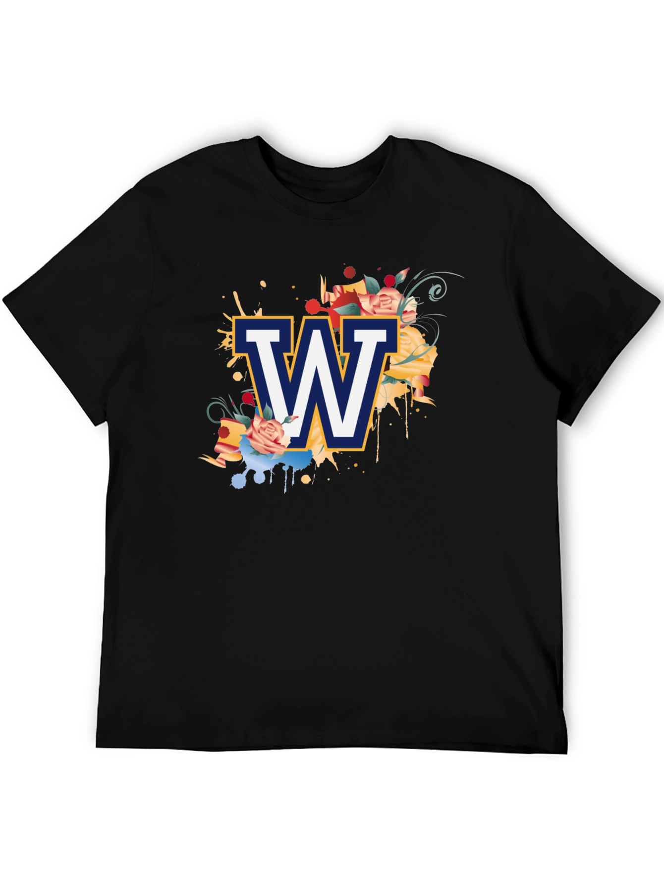 Floral W Letter Graphic Black T-Shirt
