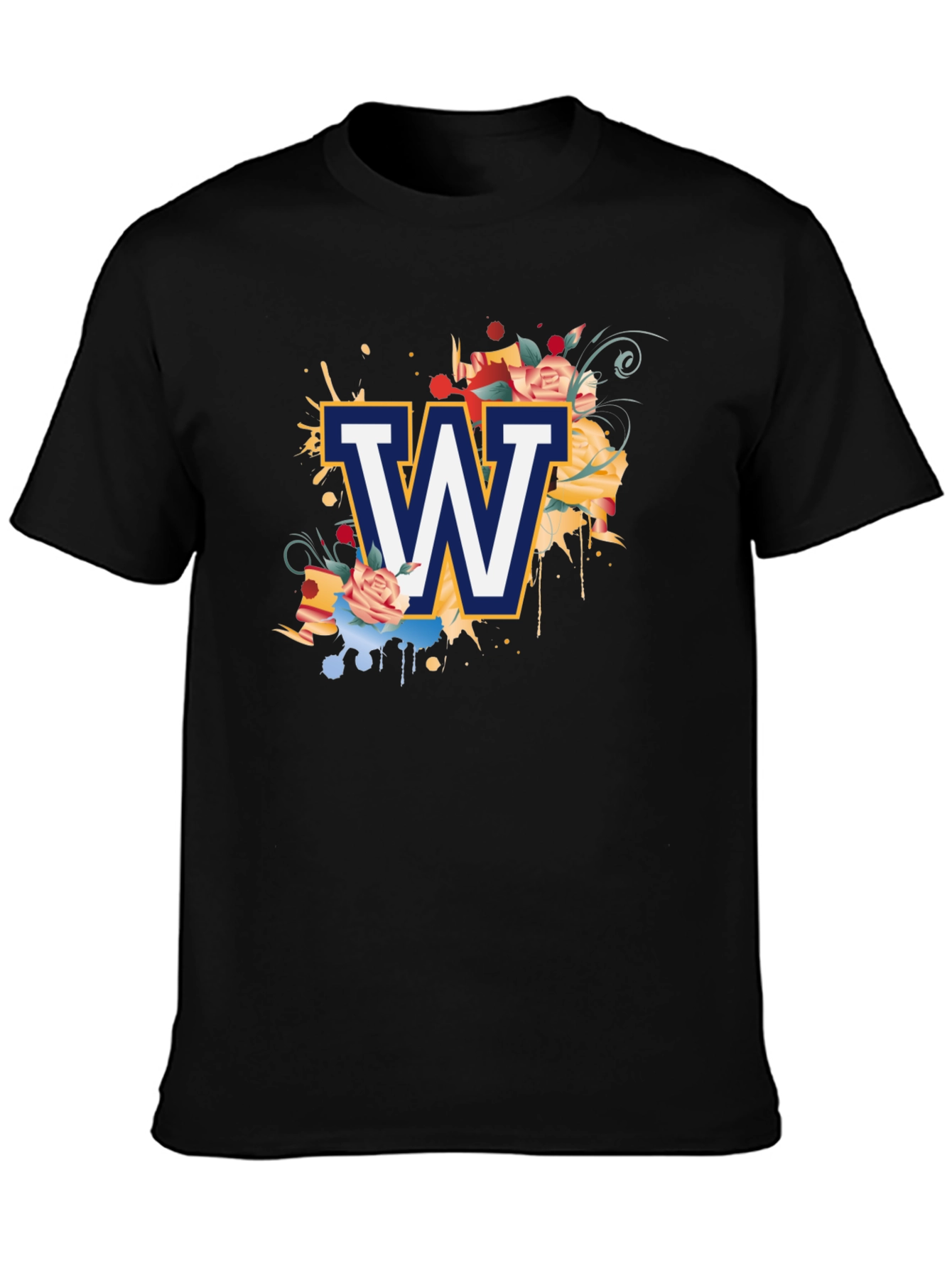 Floral W Letter Graphic Black T-Shirt