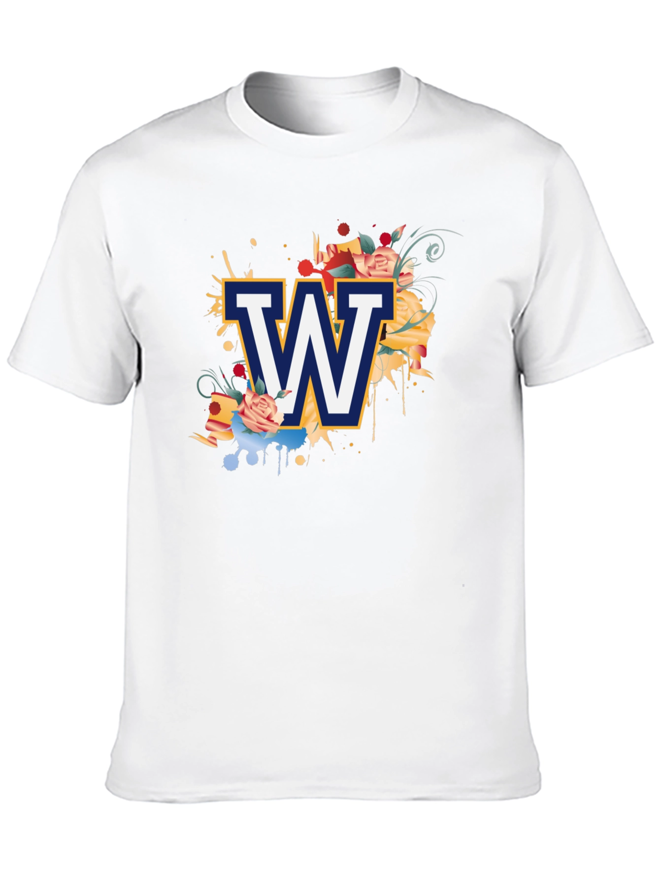 Floral W Letter Graphic Black T-Shirt
